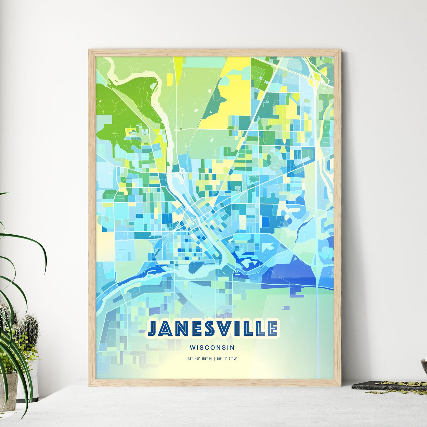 Colorful Janesville Wisconsin Fine Art Map Cool Blue