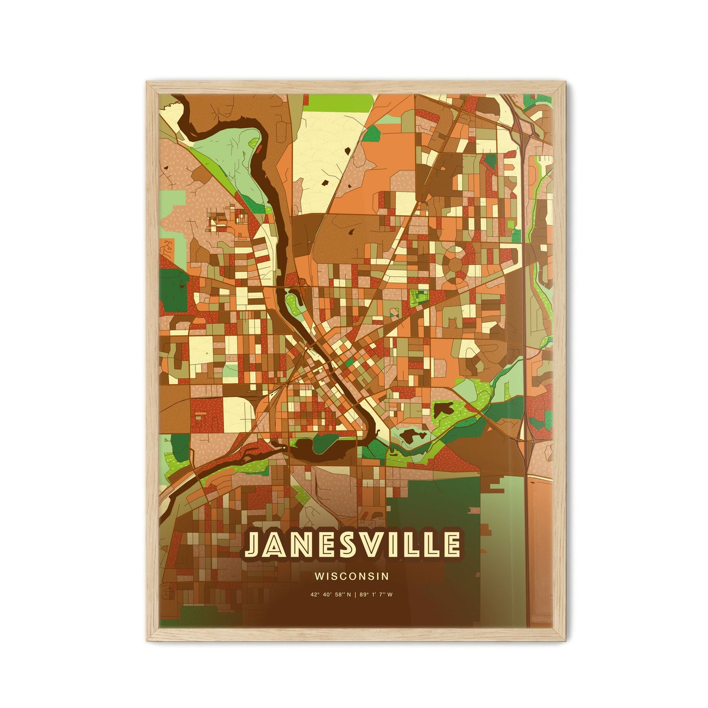 Colorful Janesville Wisconsin Fine Art Map Farmhouse