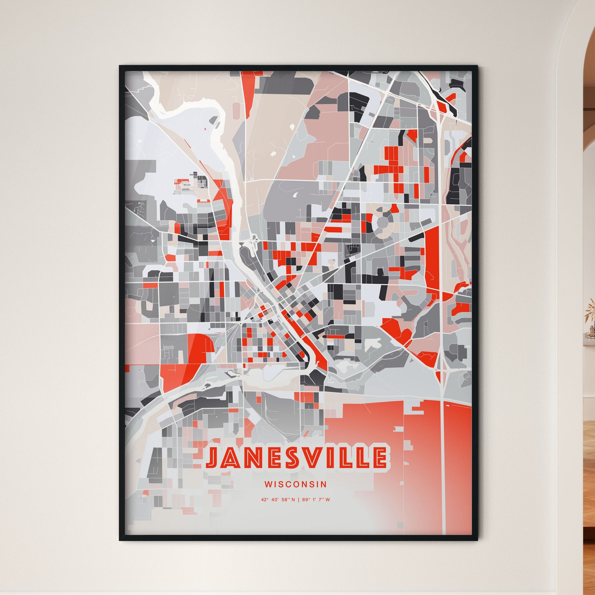 Colorful Janesville Wisconsin Fine Art Map Modern Expressive