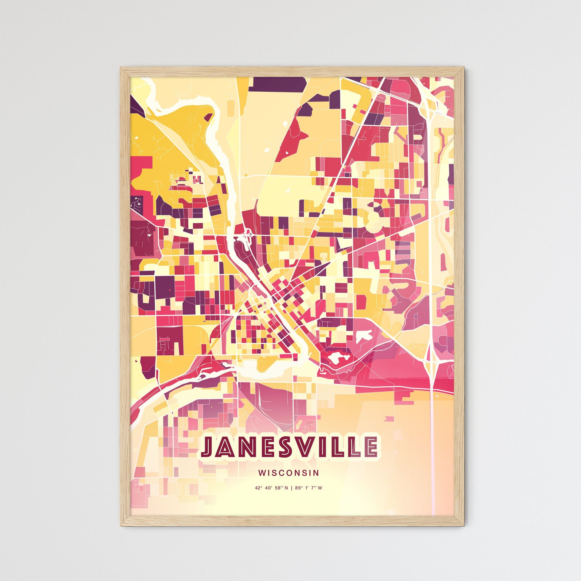 Colorful Janesville Wisconsin Fine Art Map Hot Red
