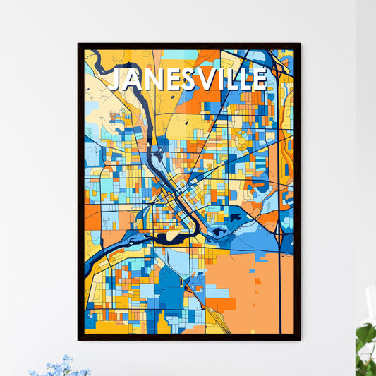 JANESVILLE WISCONSIN Vibrant Colorful Art Map Poster Blue Orange