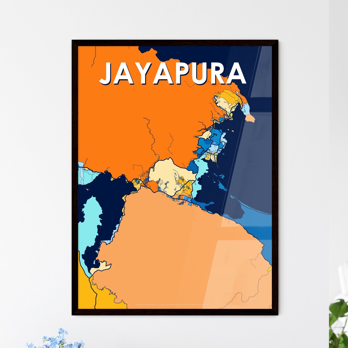 JAYAPURA INDONESIA Vibrant Colorful Art Map Poster Blue Orange