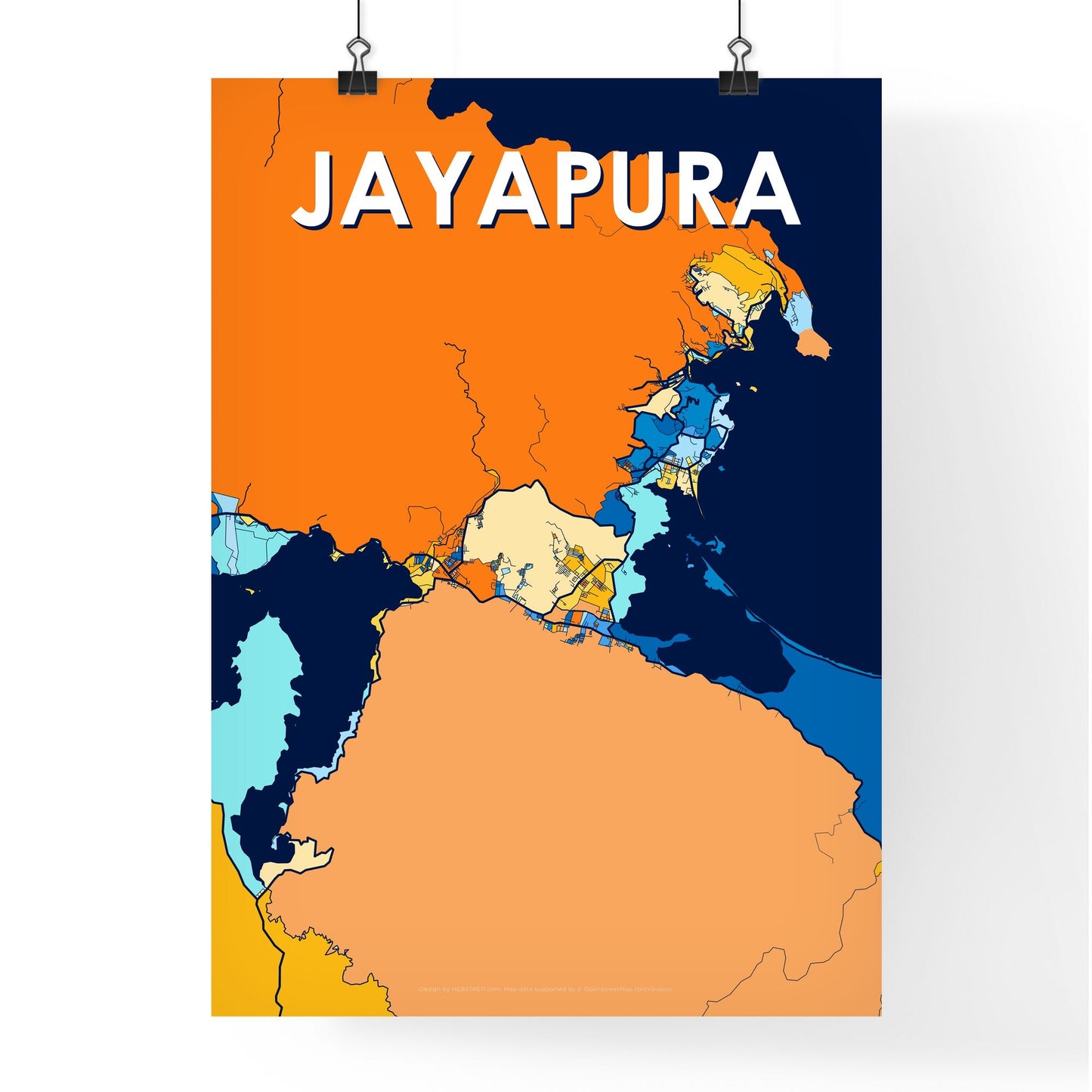 JAYAPURA INDONESIA Vibrant Colorful Art Map Poster Blue Orange