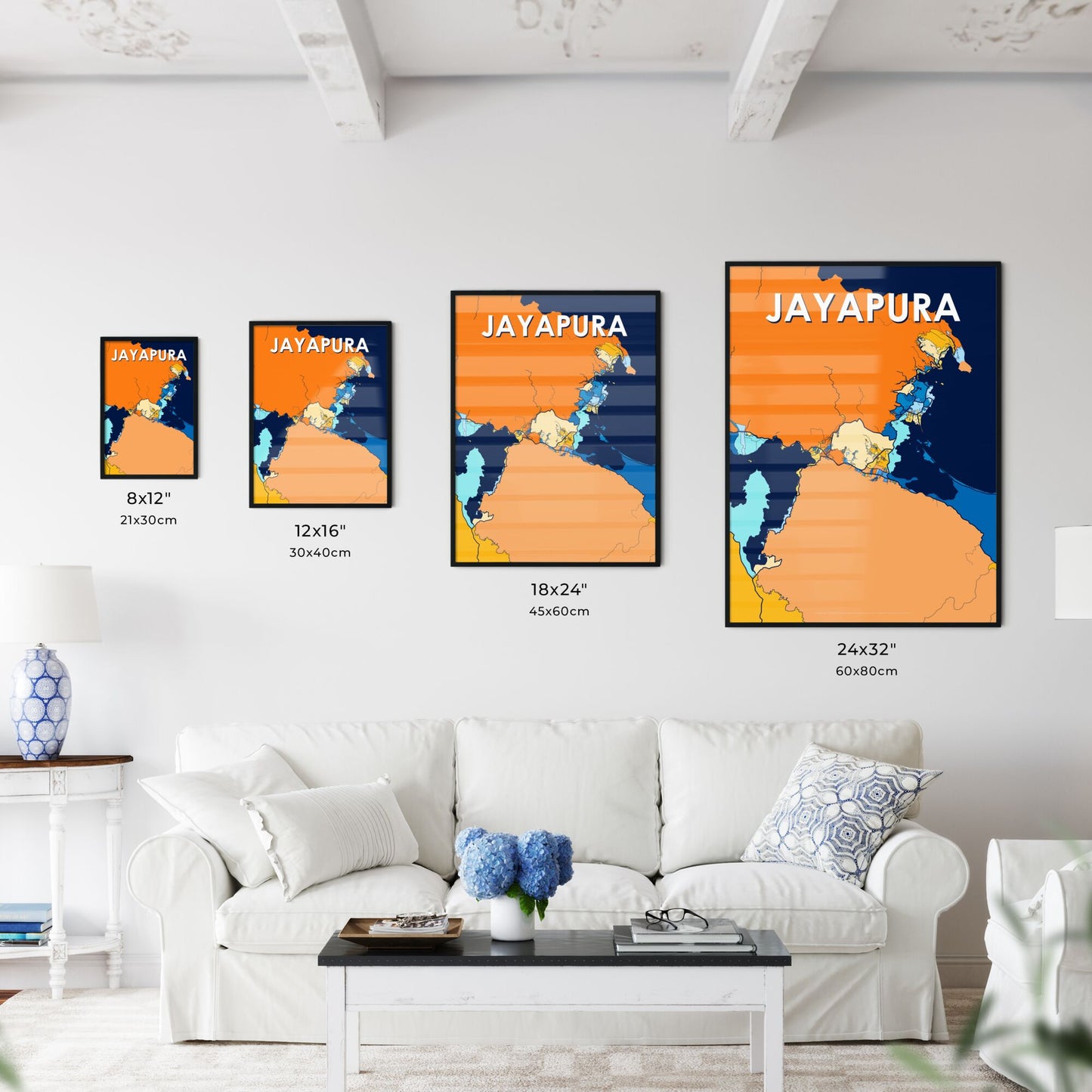 JAYAPURA INDONESIA Vibrant Colorful Art Map Poster Blue Orange