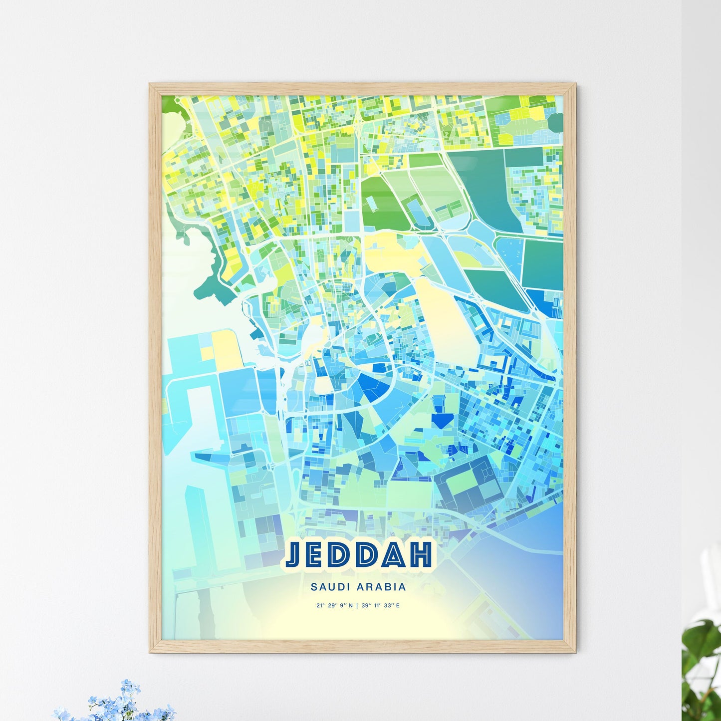 Colorful Jeddah Saudi Arabia Fine Art Map Cool Blue