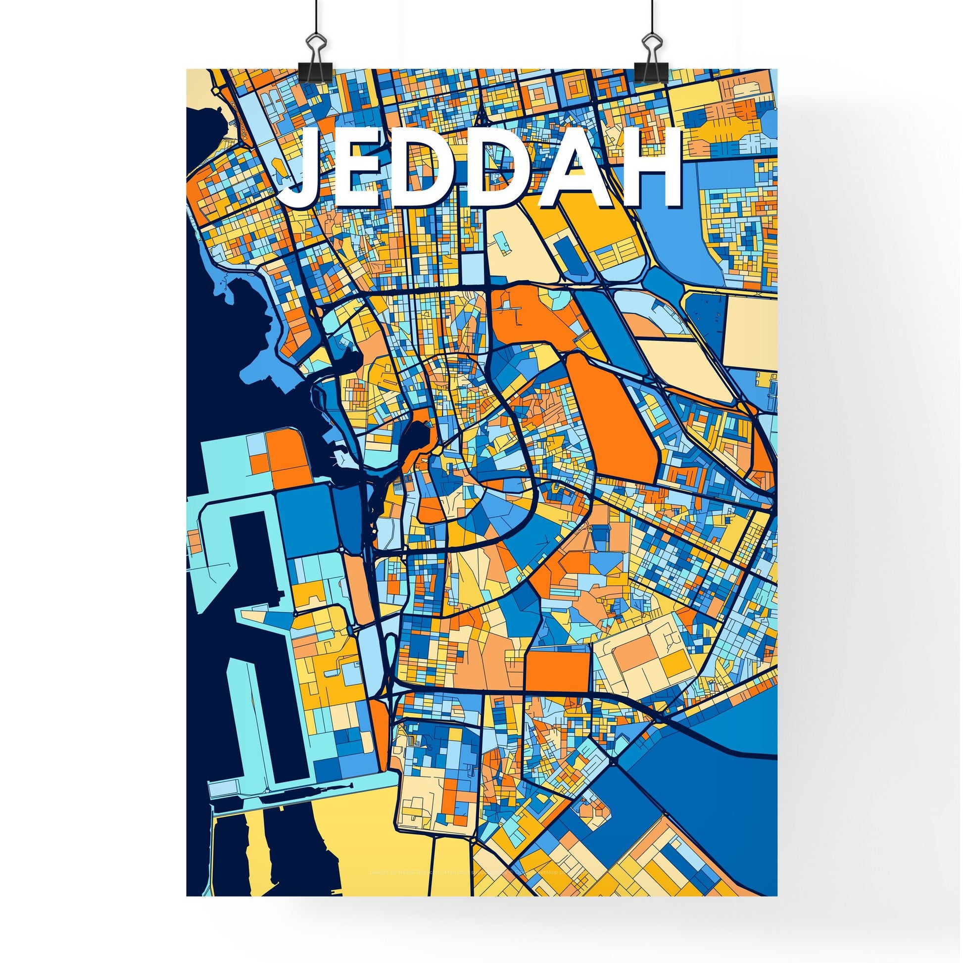 JEDDAH SAUDI ARABIA Vibrant Colorful Art Map Poster Blue Orange