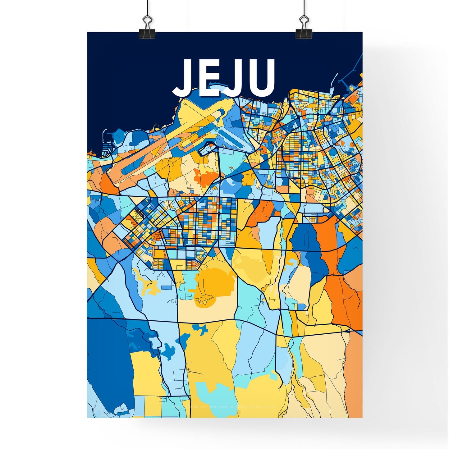 JEJU SOUTH KOREA Vibrant Colorful Art Map Poster Blue Orange