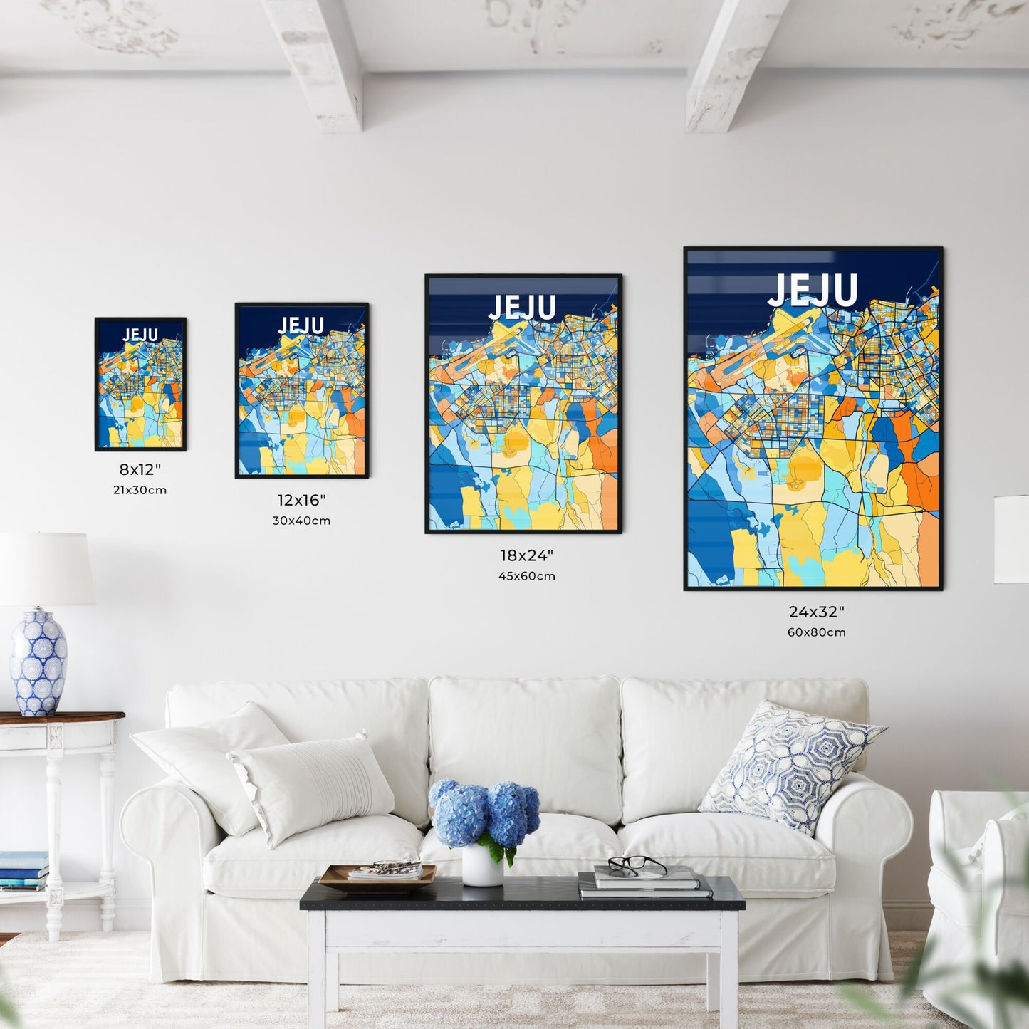 JEJU SOUTH KOREA Vibrant Colorful Art Map Poster Blue Orange