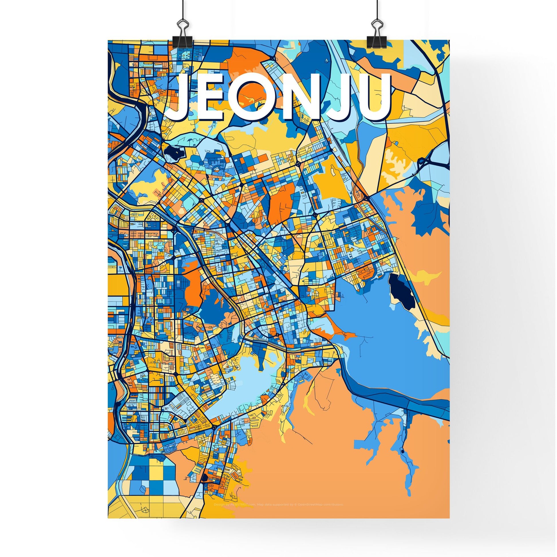 JEONJU SOUTH KOREA Vibrant Colorful Art Map Poster Blue Orange