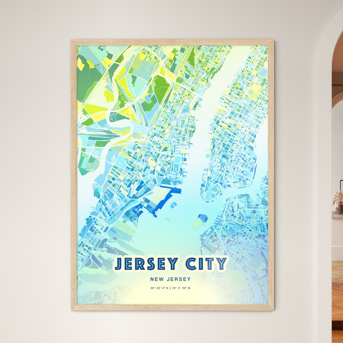 Colorful Jersey City New Jersey Fine Art Map Cool Blue