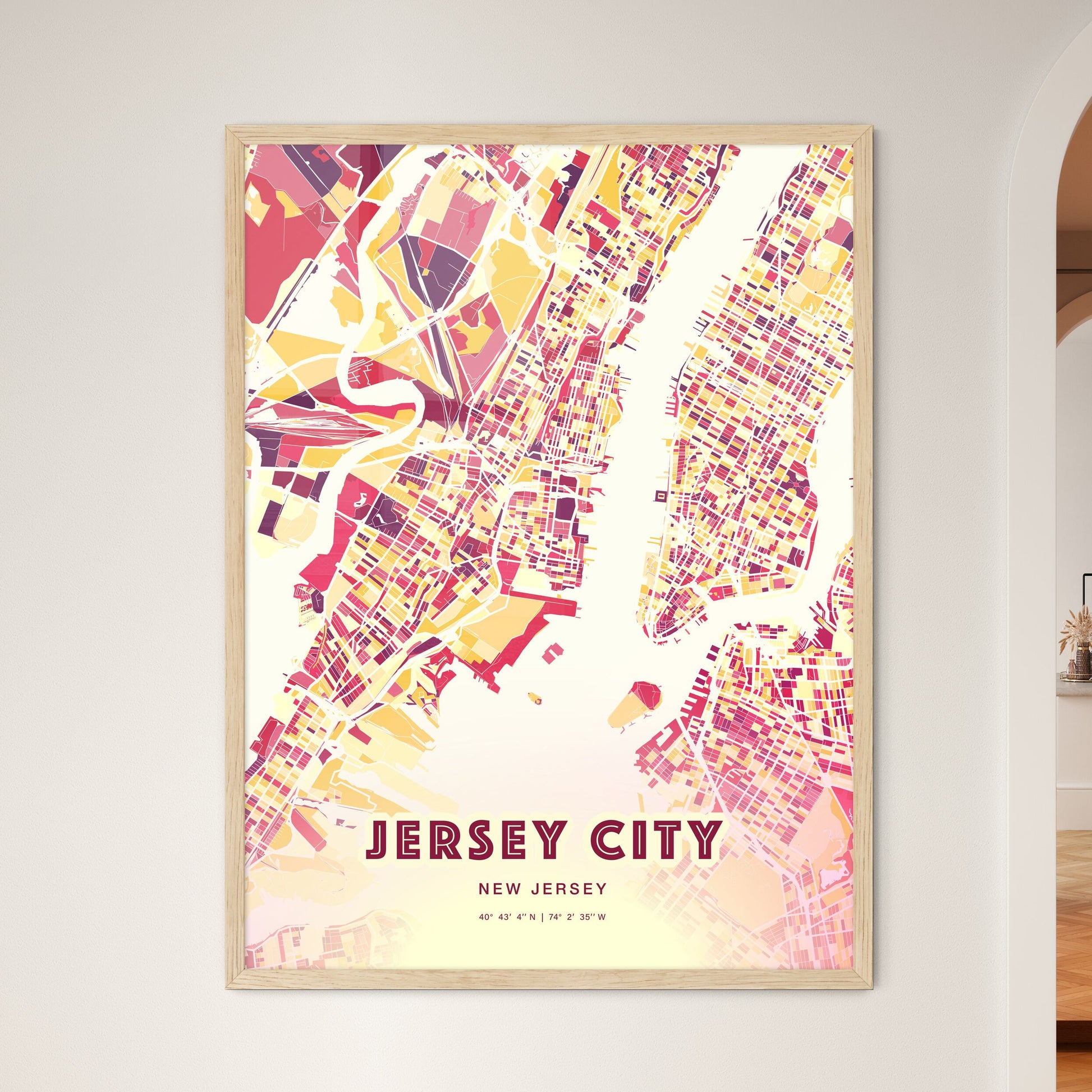 Colorful Jersey City New Jersey Fine Art Map Hot Red