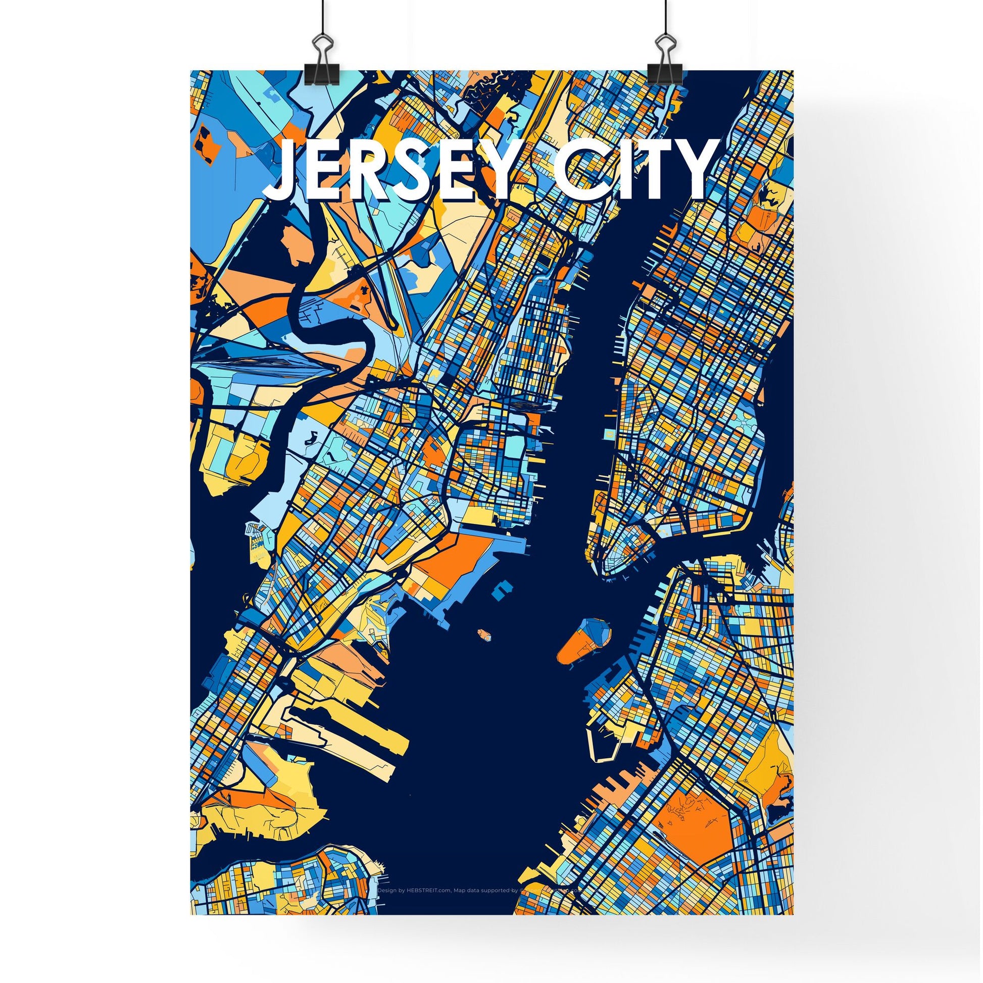 JERSEY CITY NEW JERSEY Vibrant Colorful Art Map Poster Blue Orange