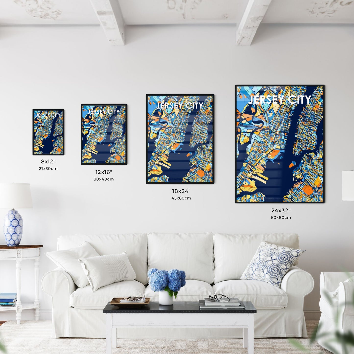 JERSEY CITY NEW JERSEY Vibrant Colorful Art Map Poster Blue Orange