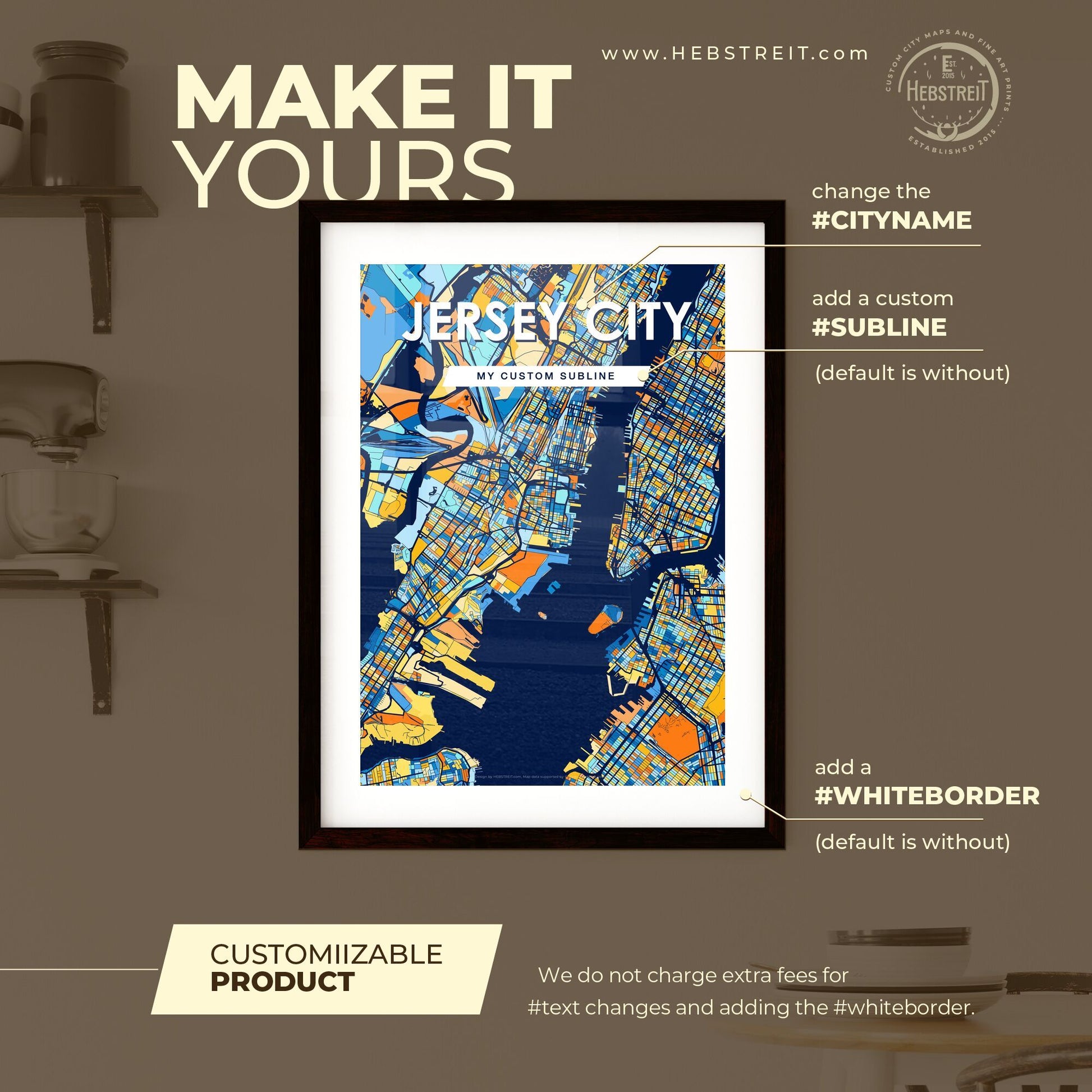 JERSEY CITY NEW JERSEY Vibrant Colorful Art Map Poster Blue Orange