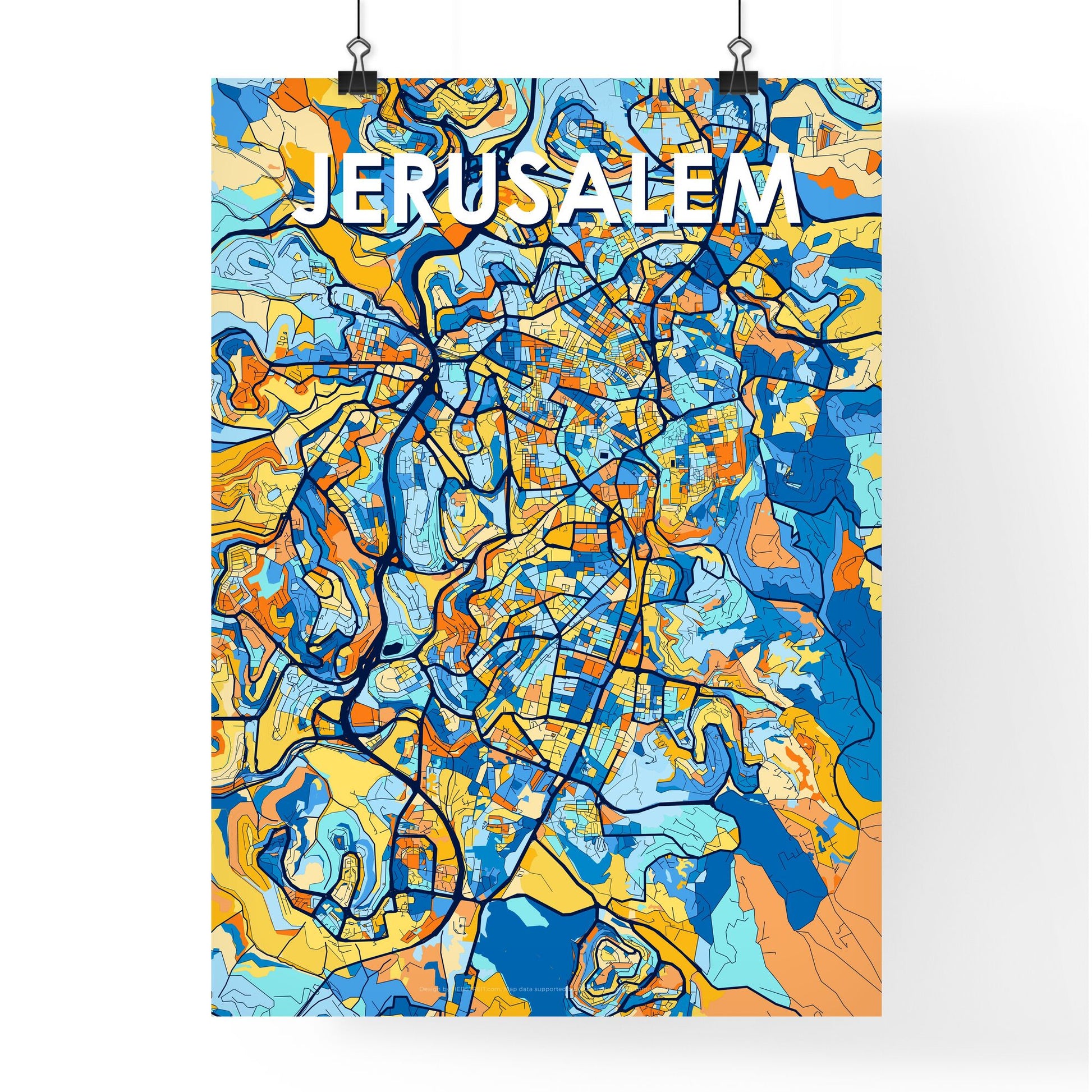 JERUSALEM ISRAEL Vibrant Colorful Art Map Poster Blue Orange