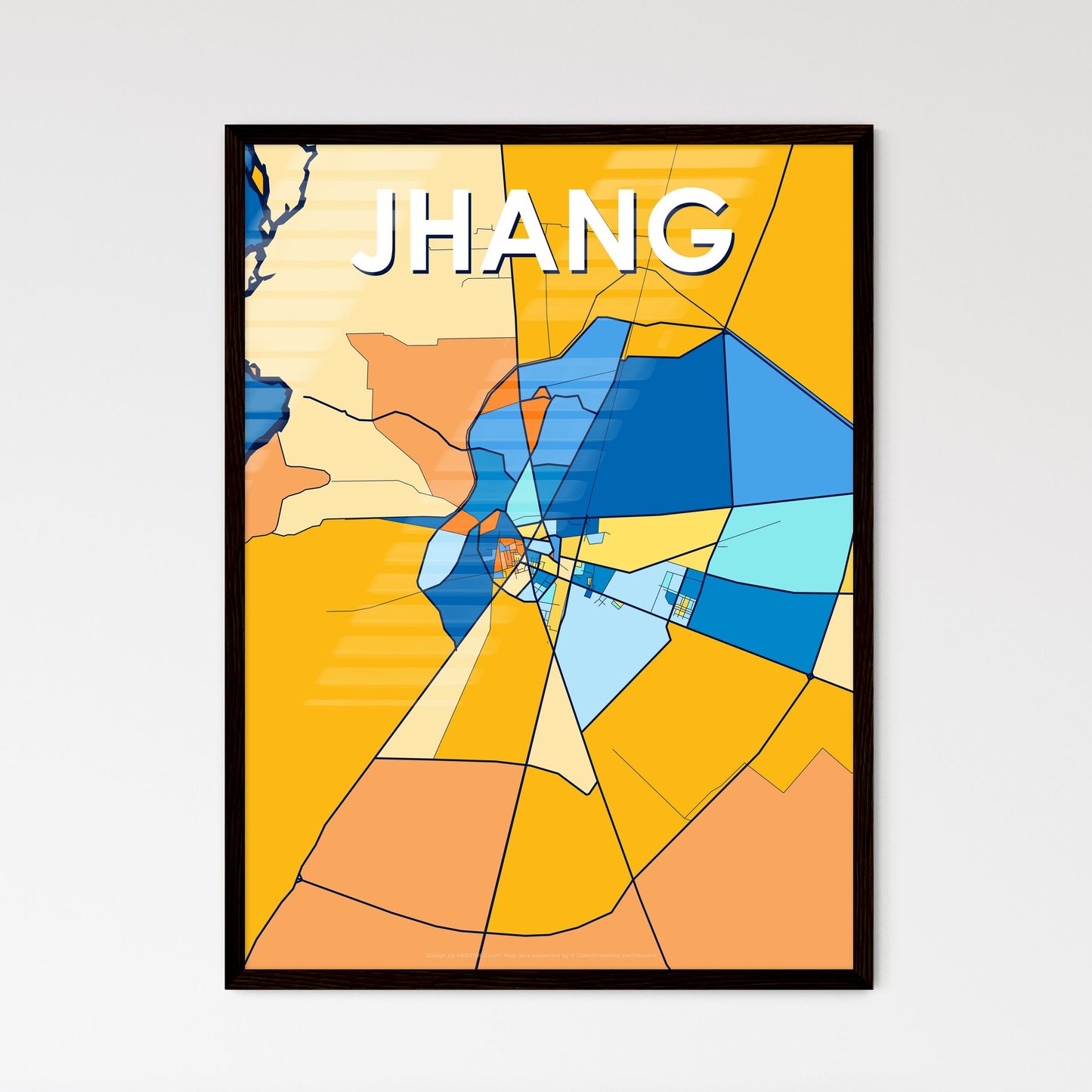 JHANG PAKISTAN Vibrant Colorful Art Map Poster Blue Orange