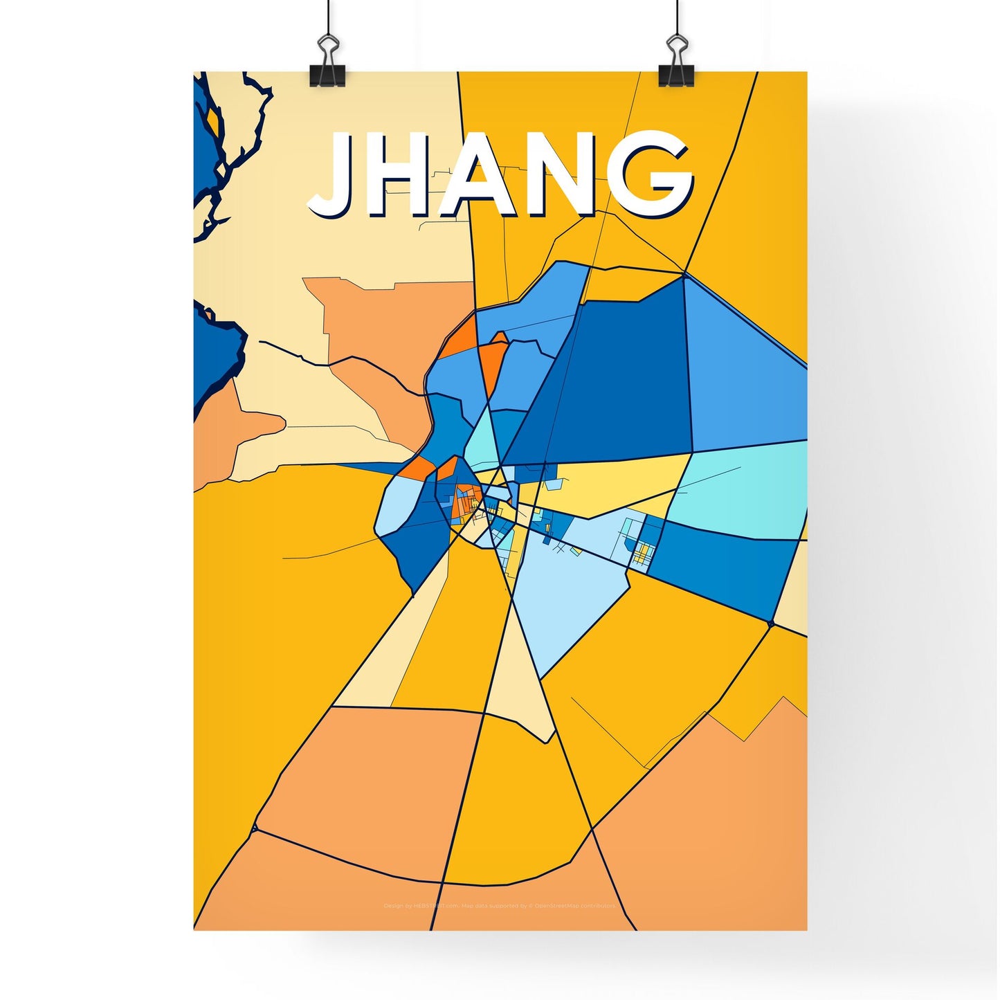 JHANG PAKISTAN Vibrant Colorful Art Map Poster Blue Orange