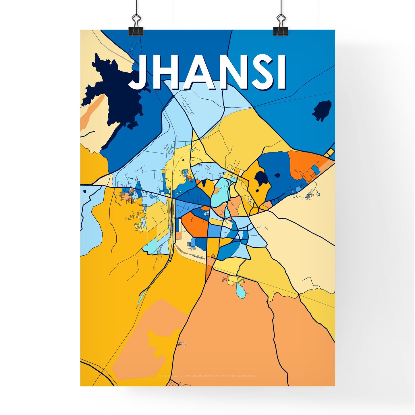 JHANSI INDIA Vibrant Colorful Art Map Poster Blue Orange