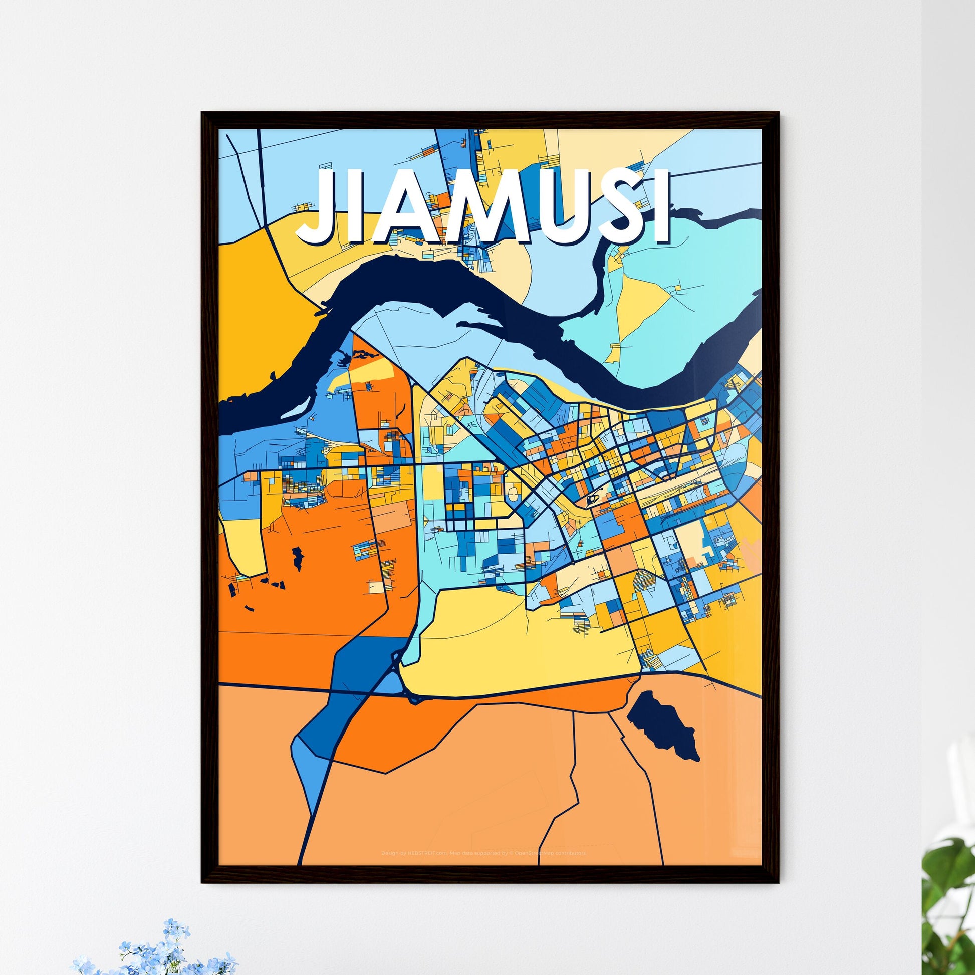 JIAMUSI CHINA Vibrant Colorful Art Map Poster Blue Orange