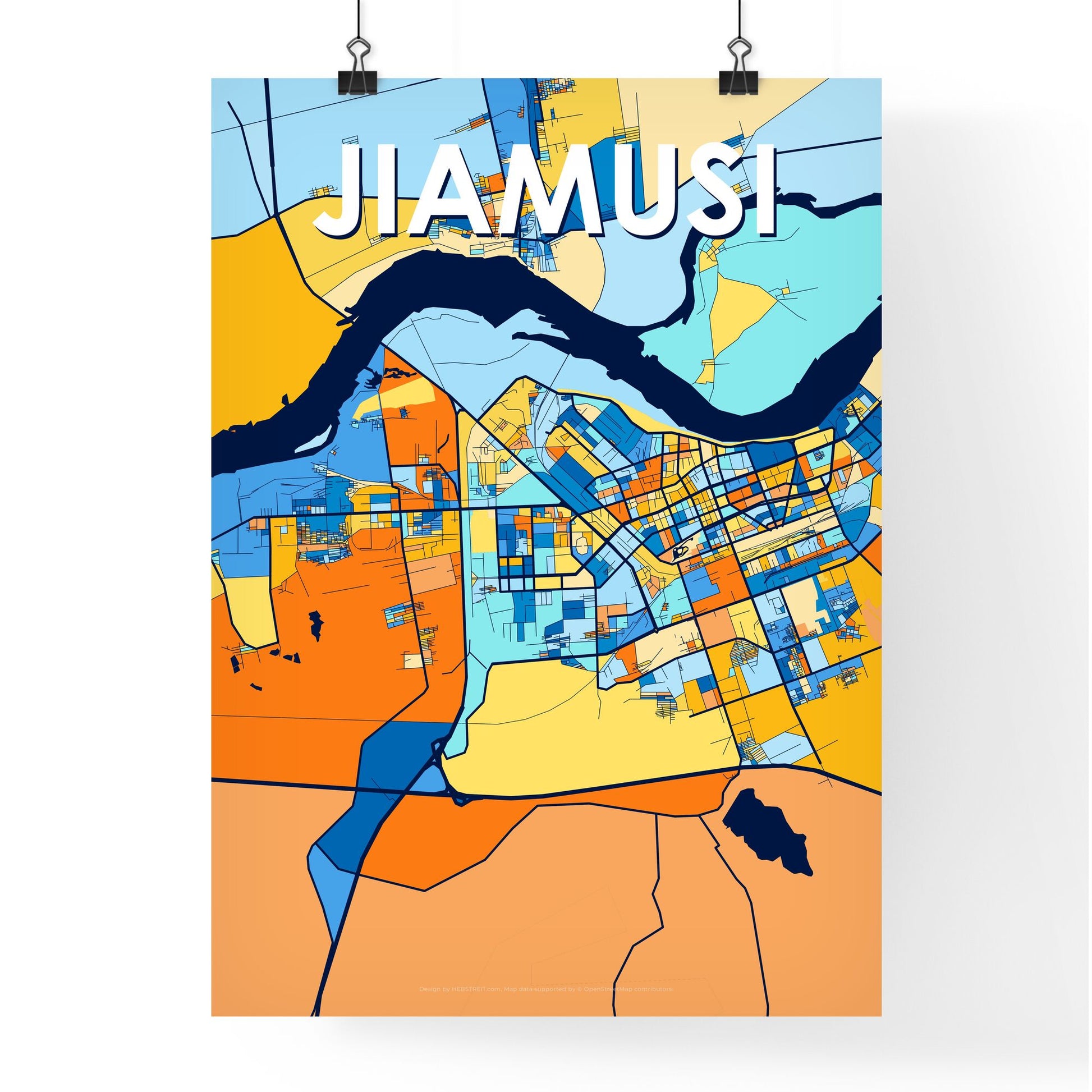 JIAMUSI CHINA Vibrant Colorful Art Map Poster Blue Orange