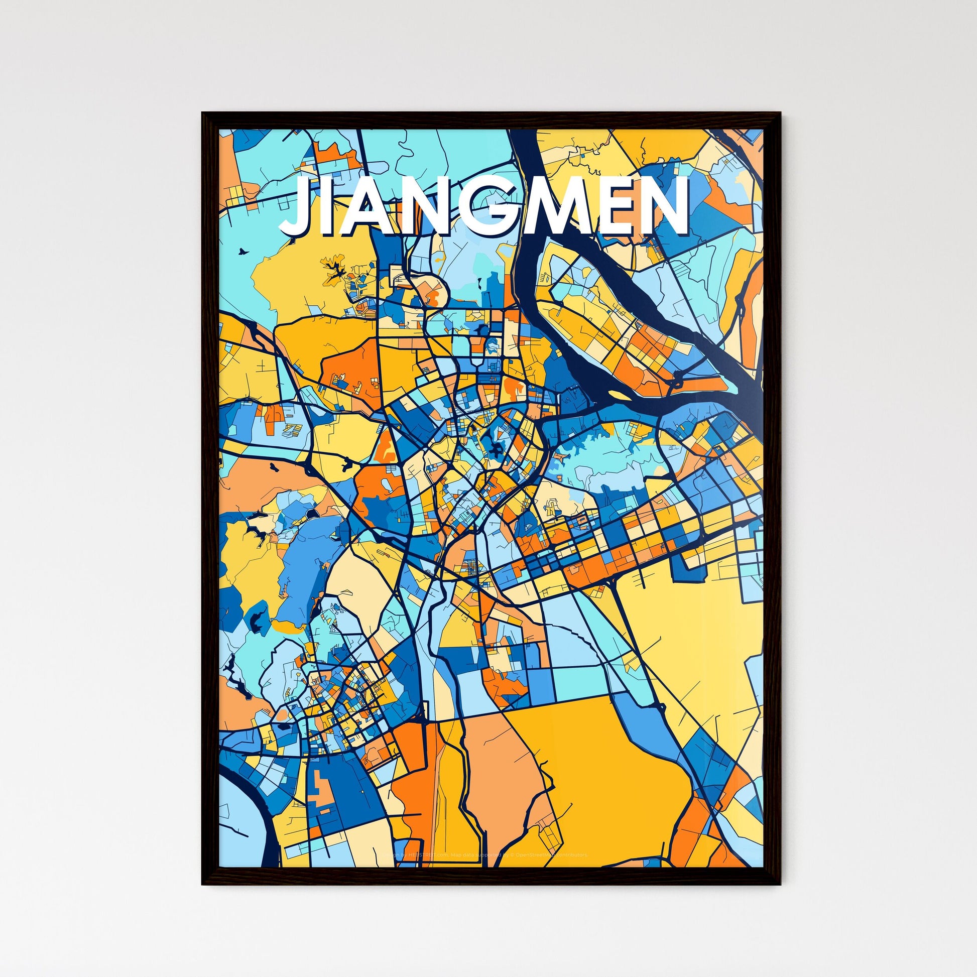 JIANGMEN CHINA Vibrant Colorful Art Map Poster Blue Orange