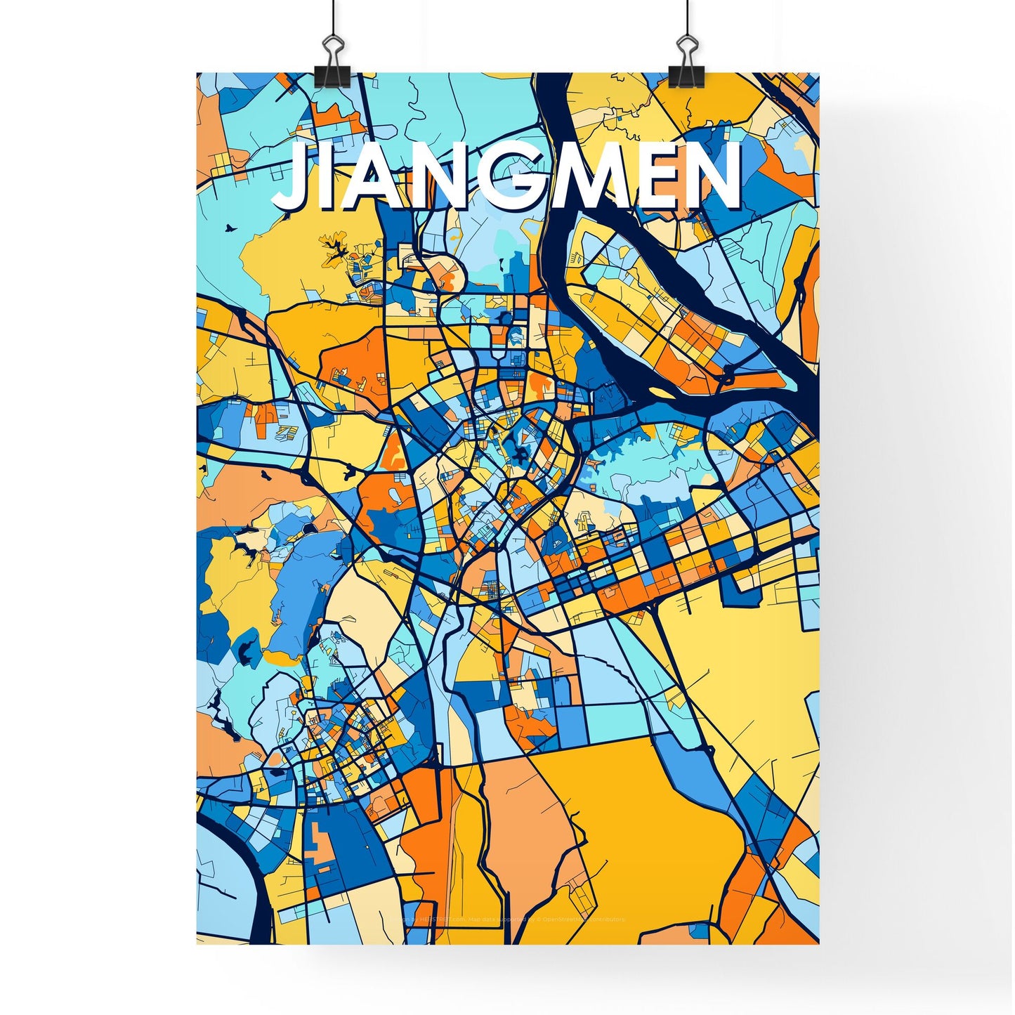 JIANGMEN CHINA Vibrant Colorful Art Map Poster Blue Orange