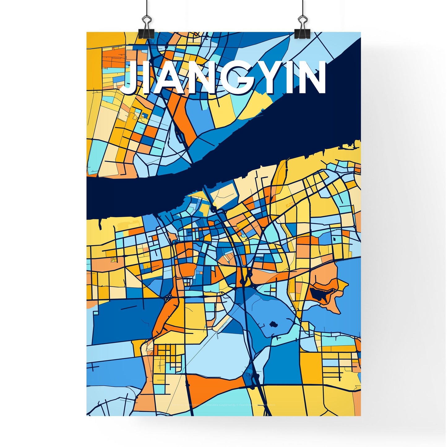 JIANGYIN CHINA Vibrant Colorful Art Map Poster Blue Orange