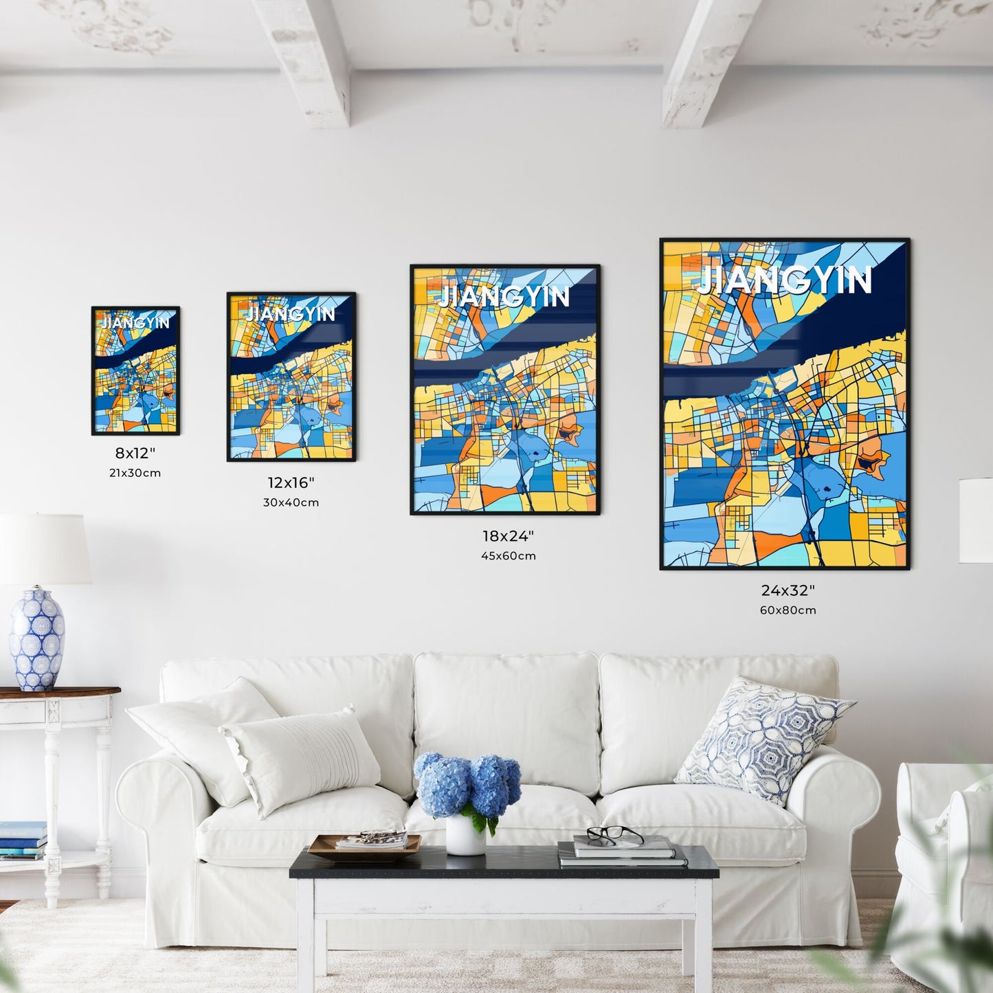 JIANGYIN CHINA Vibrant Colorful Art Map Poster Blue Orange