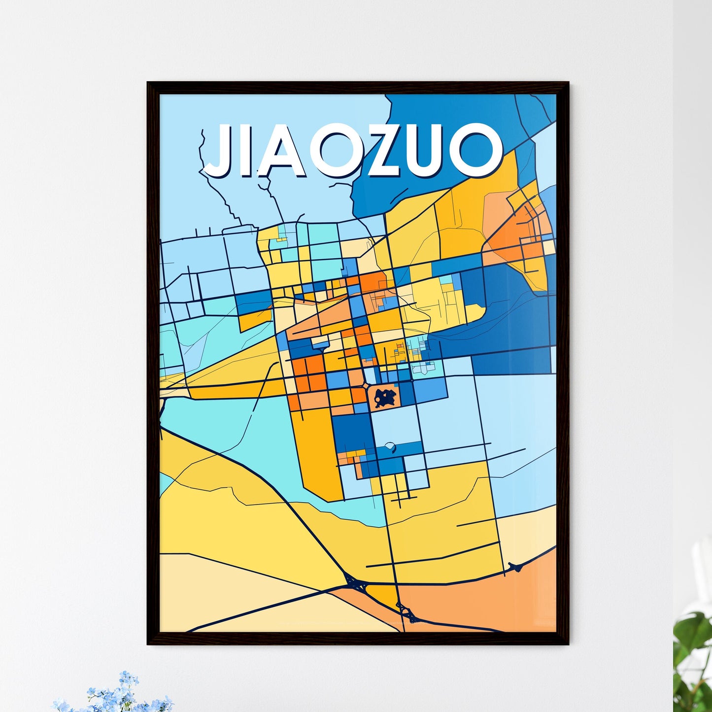 JIAOZUO CHINA Vibrant Colorful Art Map Poster Blue Orange