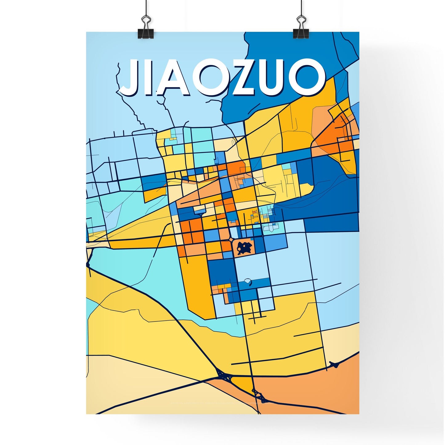 JIAOZUO CHINA Vibrant Colorful Art Map Poster Blue Orange