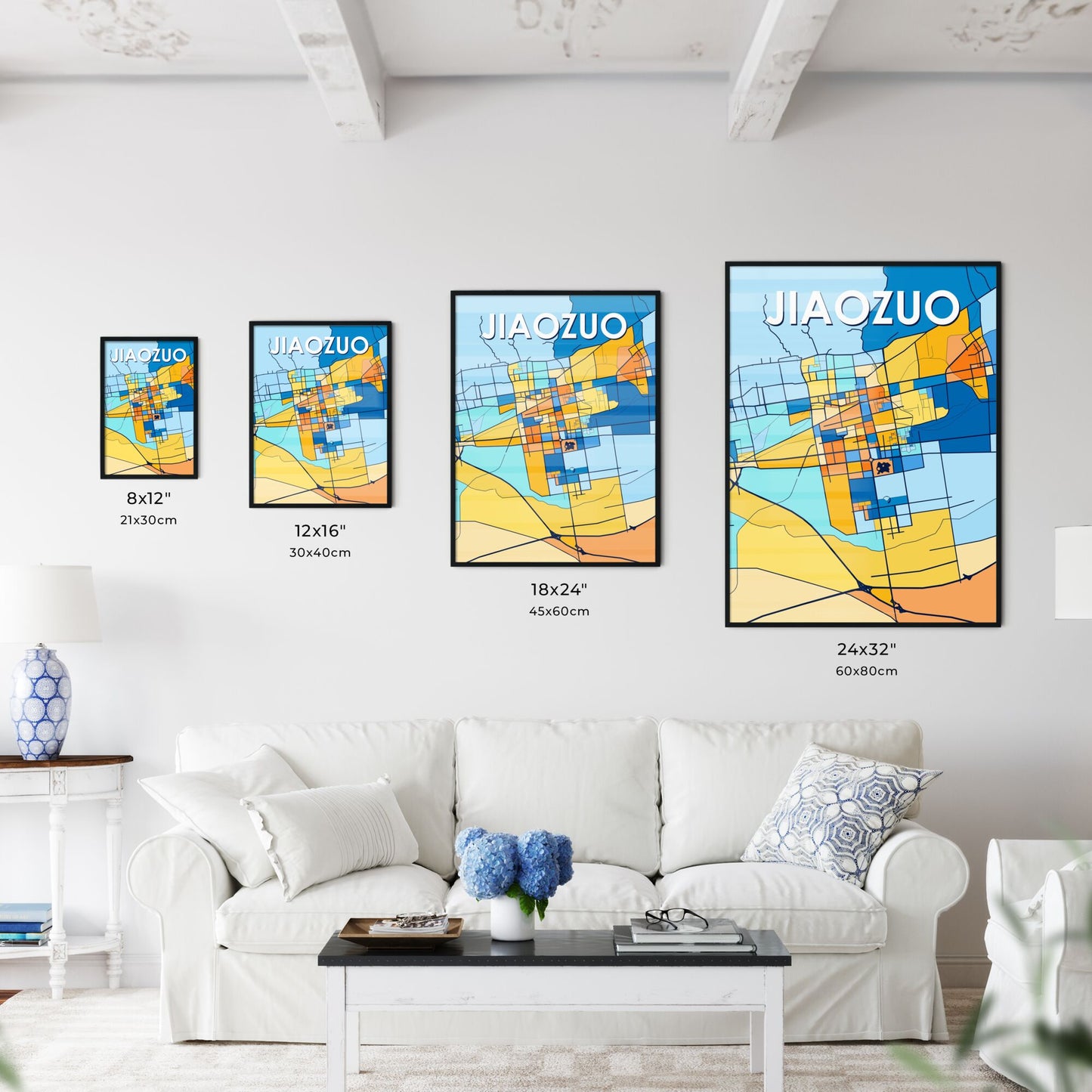 JIAOZUO CHINA Vibrant Colorful Art Map Poster Blue Orange