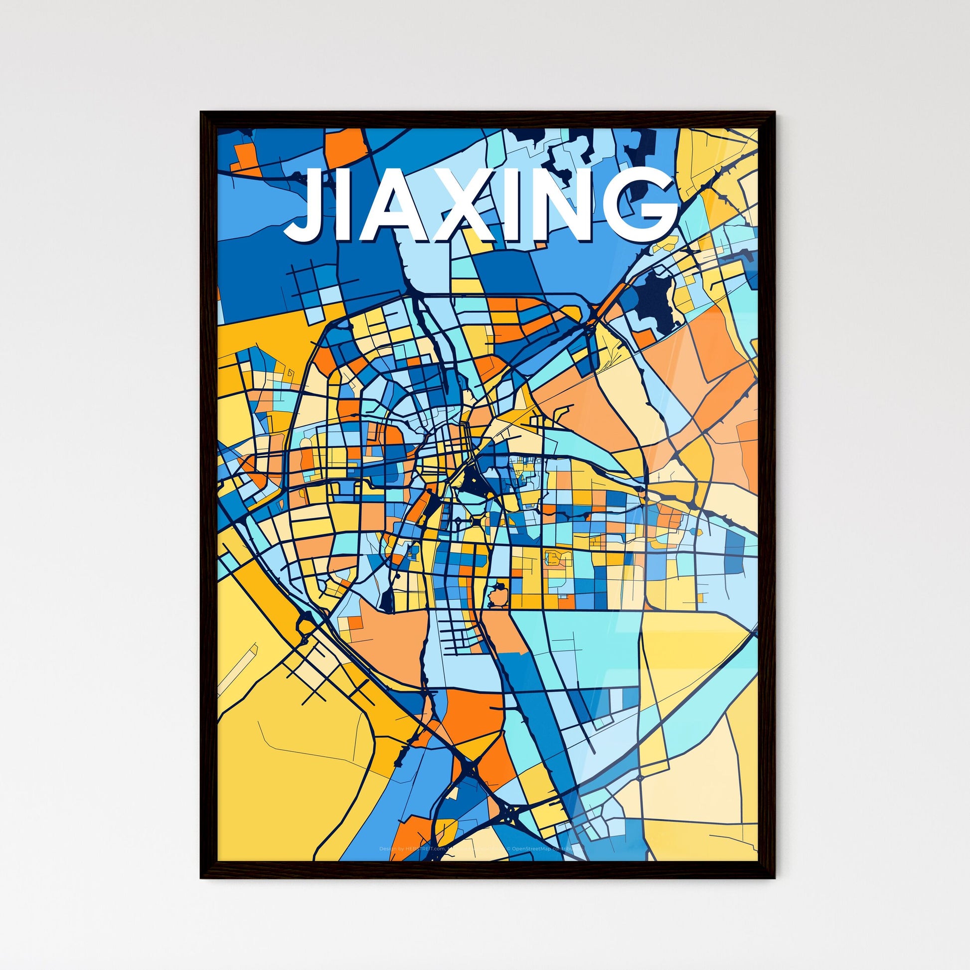 JIAXING CHINA Vibrant Colorful Art Map Poster Blue Orange