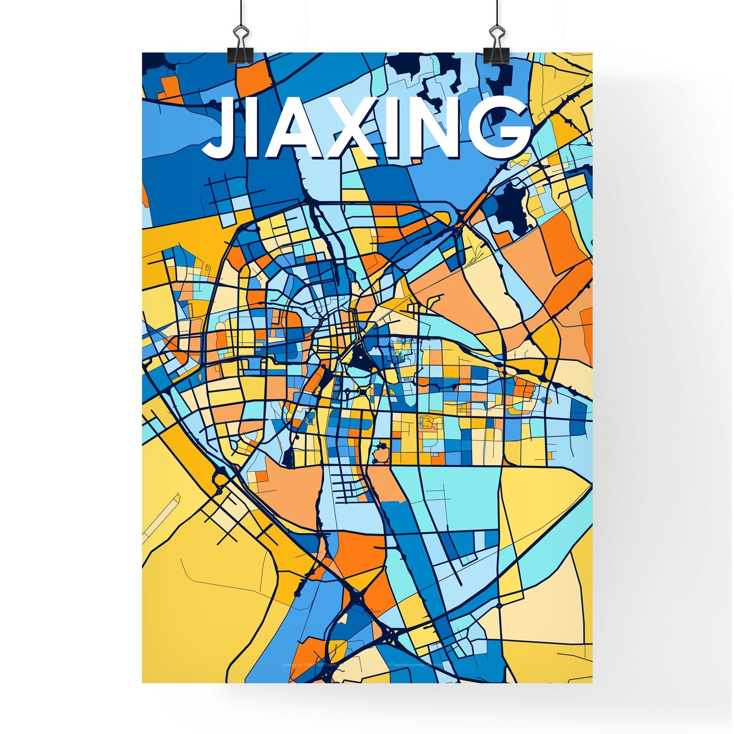 JIAXING CHINA Vibrant Colorful Art Map Poster Blue Orange