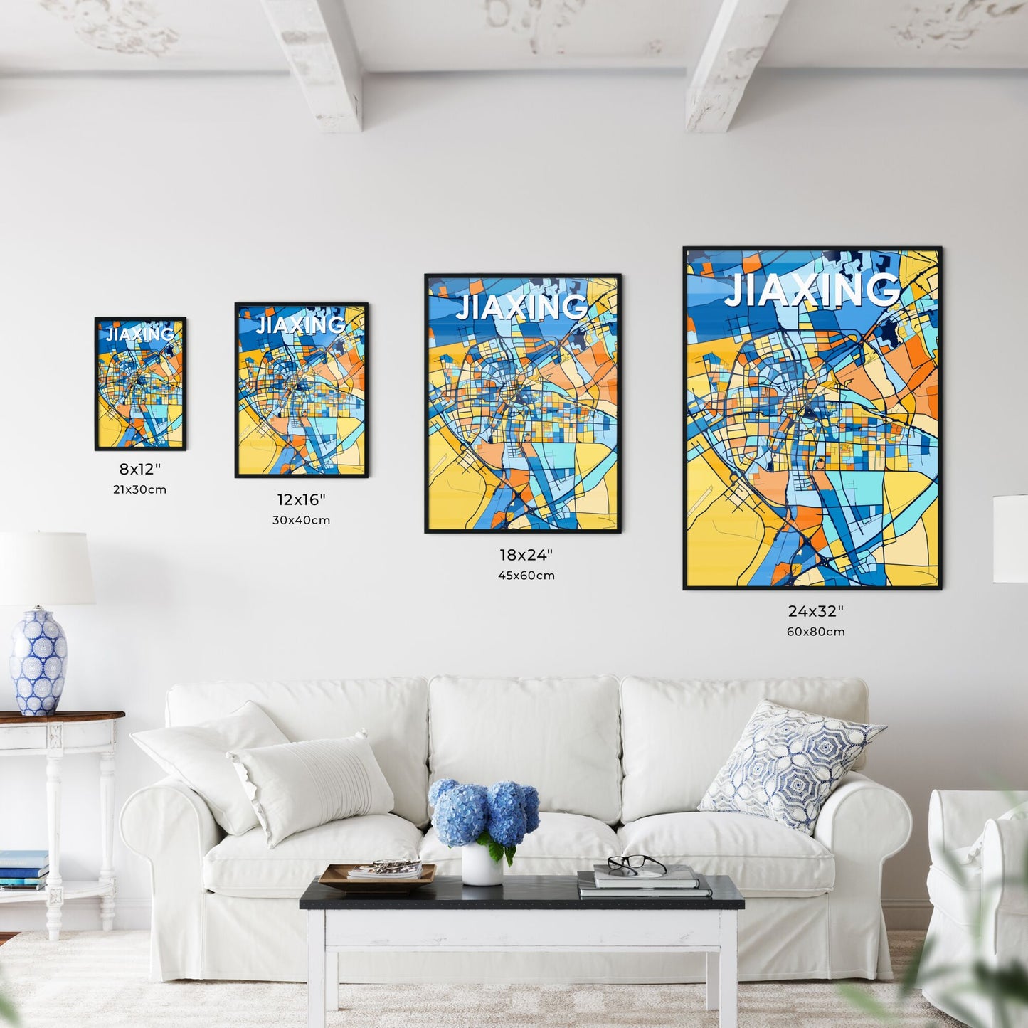 JIAXING CHINA Vibrant Colorful Art Map Poster Blue Orange