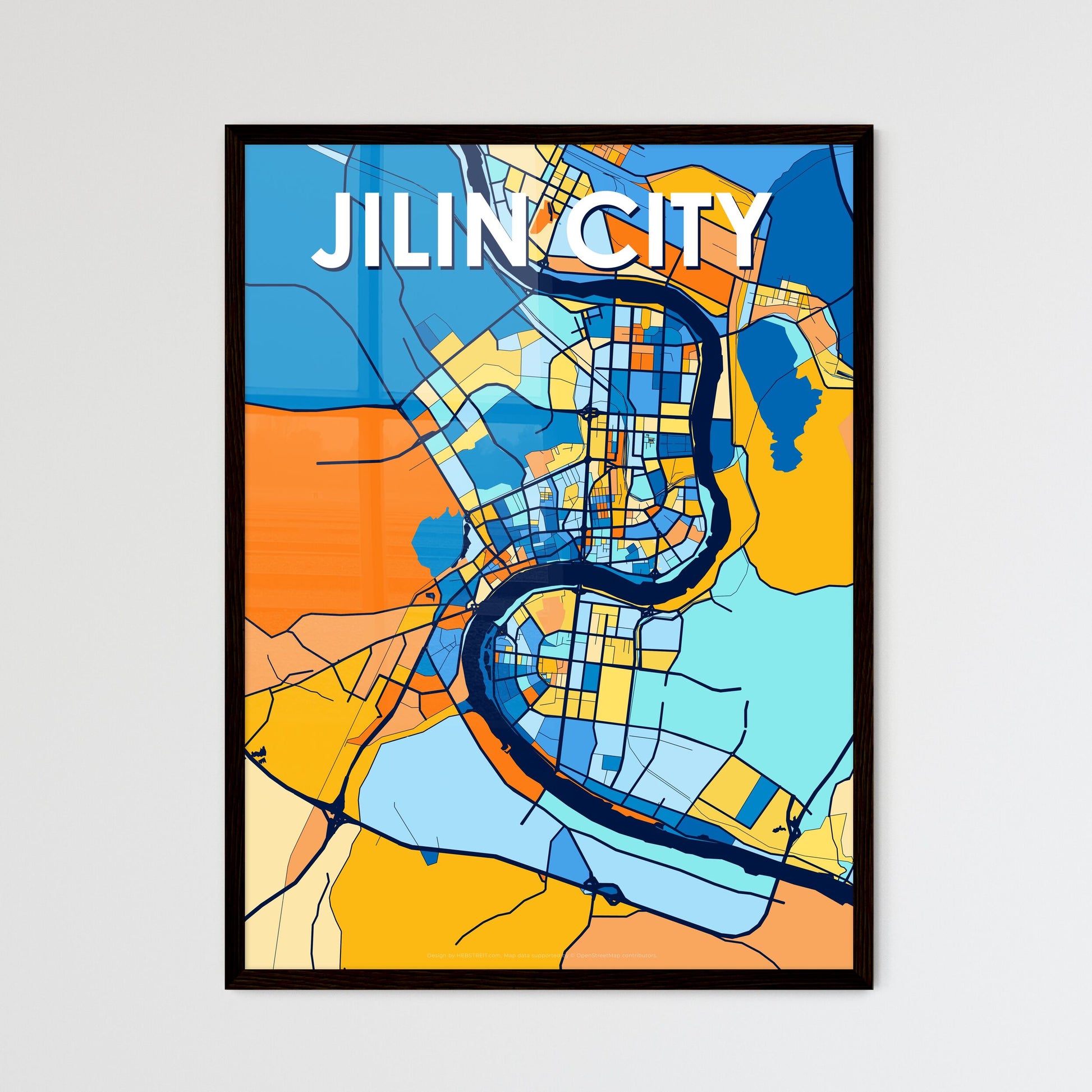 JILIN CITY CHINA Vibrant Colorful Art Map Poster Blue Orange