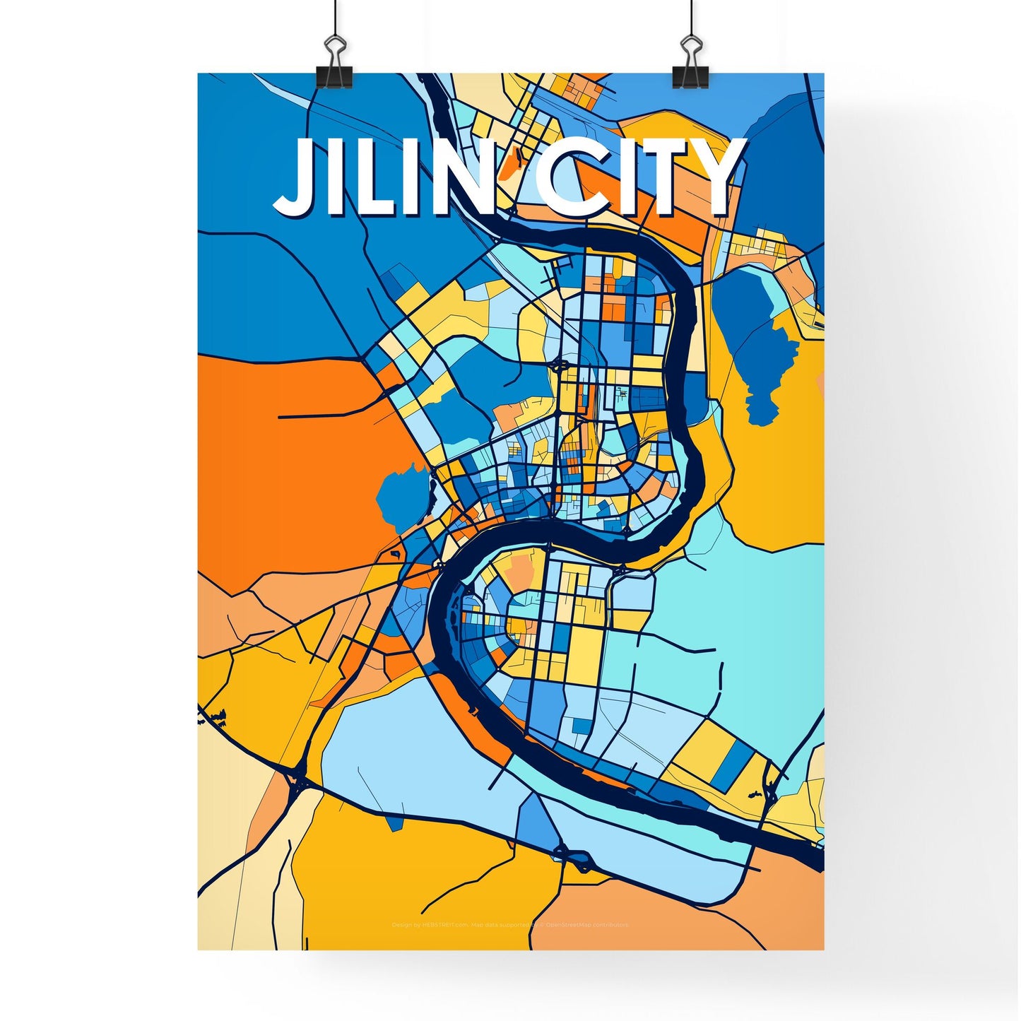 JILIN CITY CHINA Vibrant Colorful Art Map Poster Blue Orange