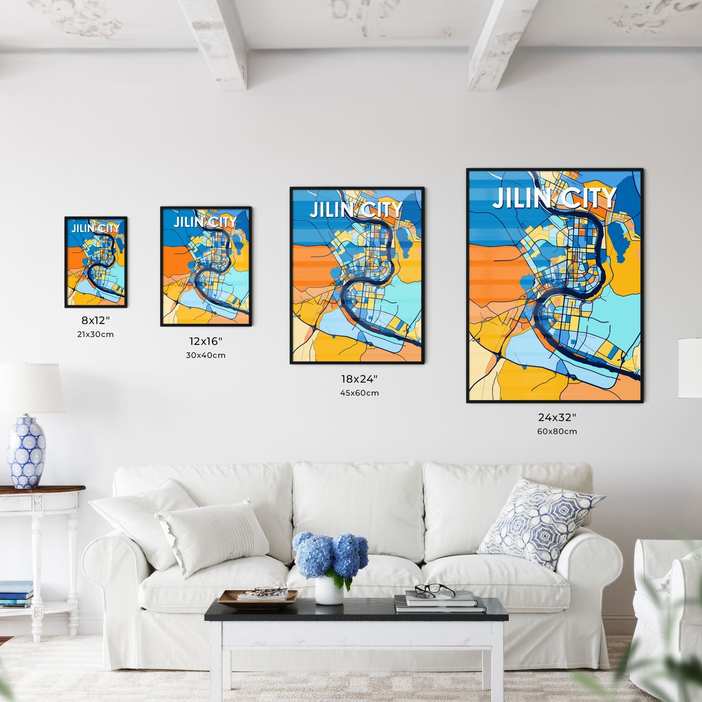 JILIN CITY CHINA Vibrant Colorful Art Map Poster Blue Orange