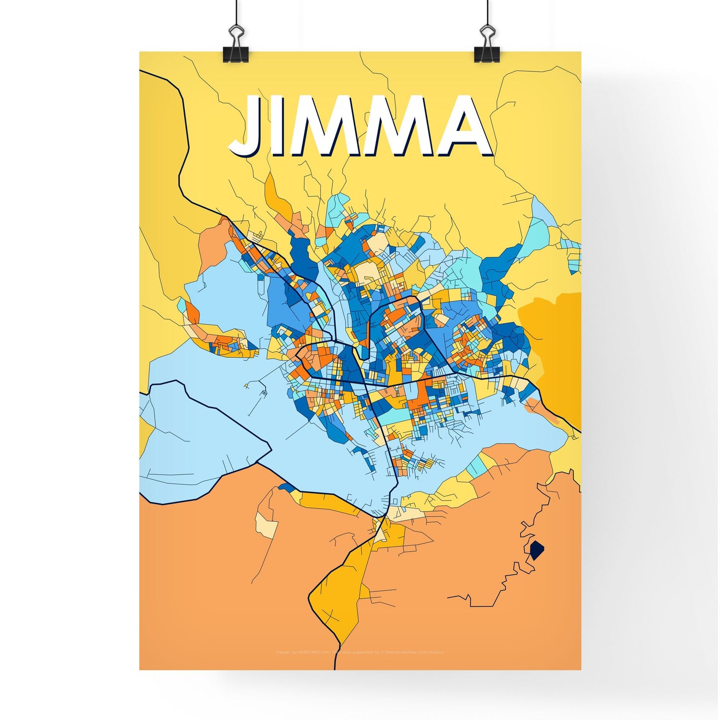 JIMMA ETHIOPIA Vibrant Colorful Art Map Poster Blue Orange