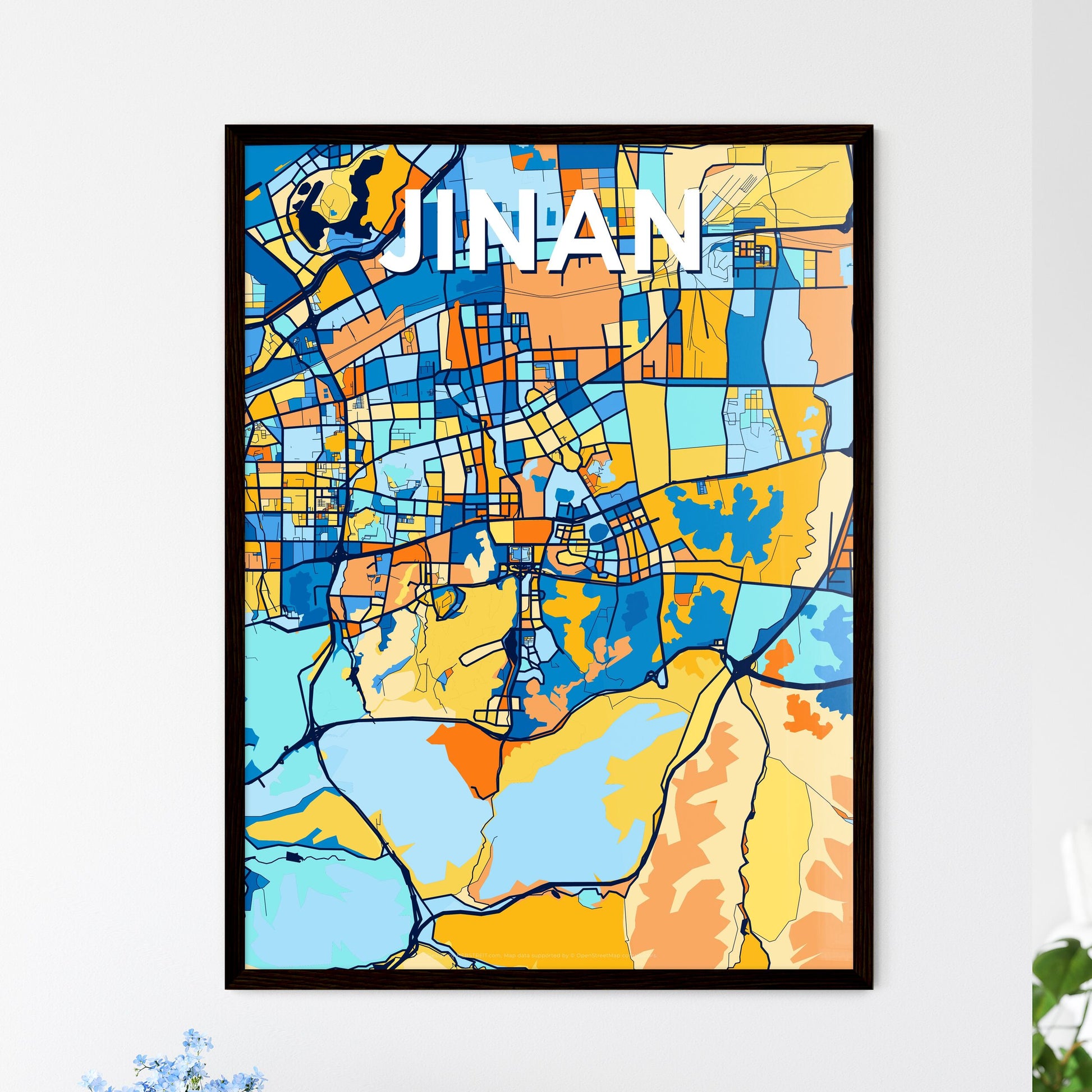 JINAN CHINA Vibrant Colorful Art Map Poster Blue Orange