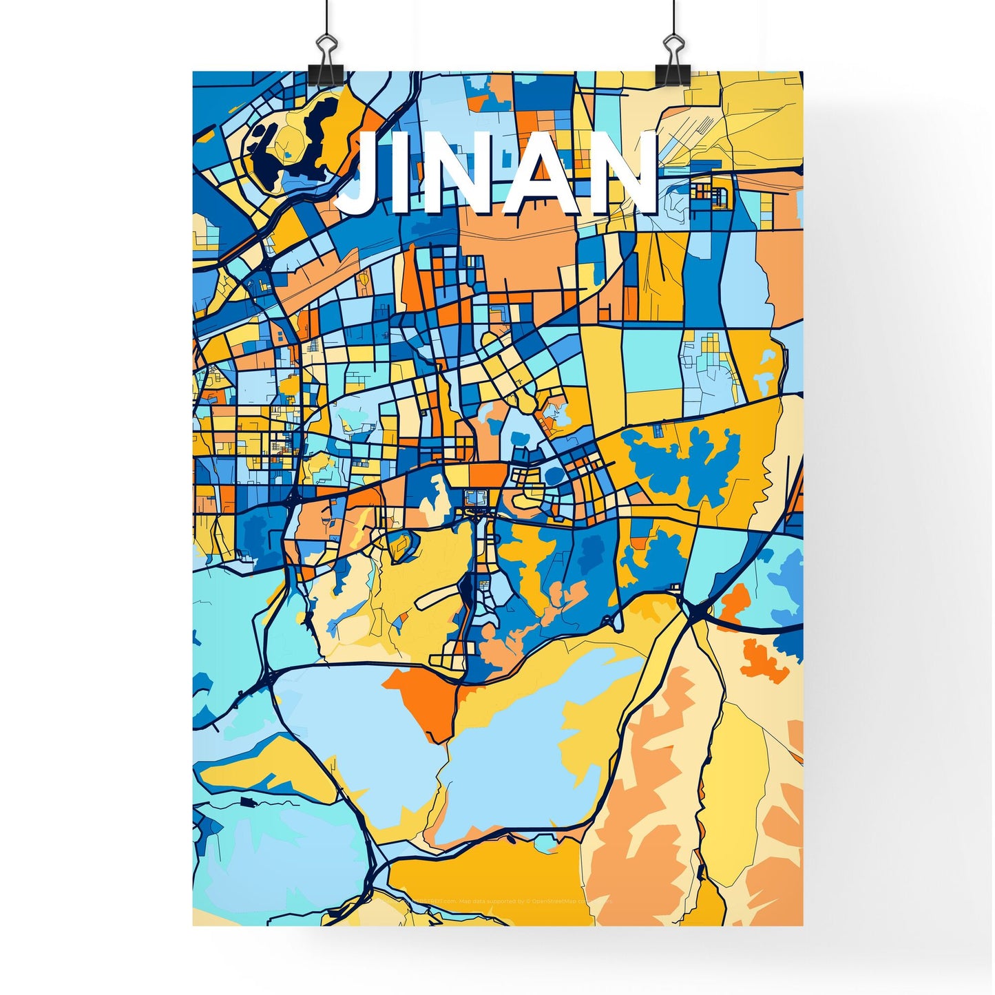 JINAN CHINA Vibrant Colorful Art Map Poster Blue Orange