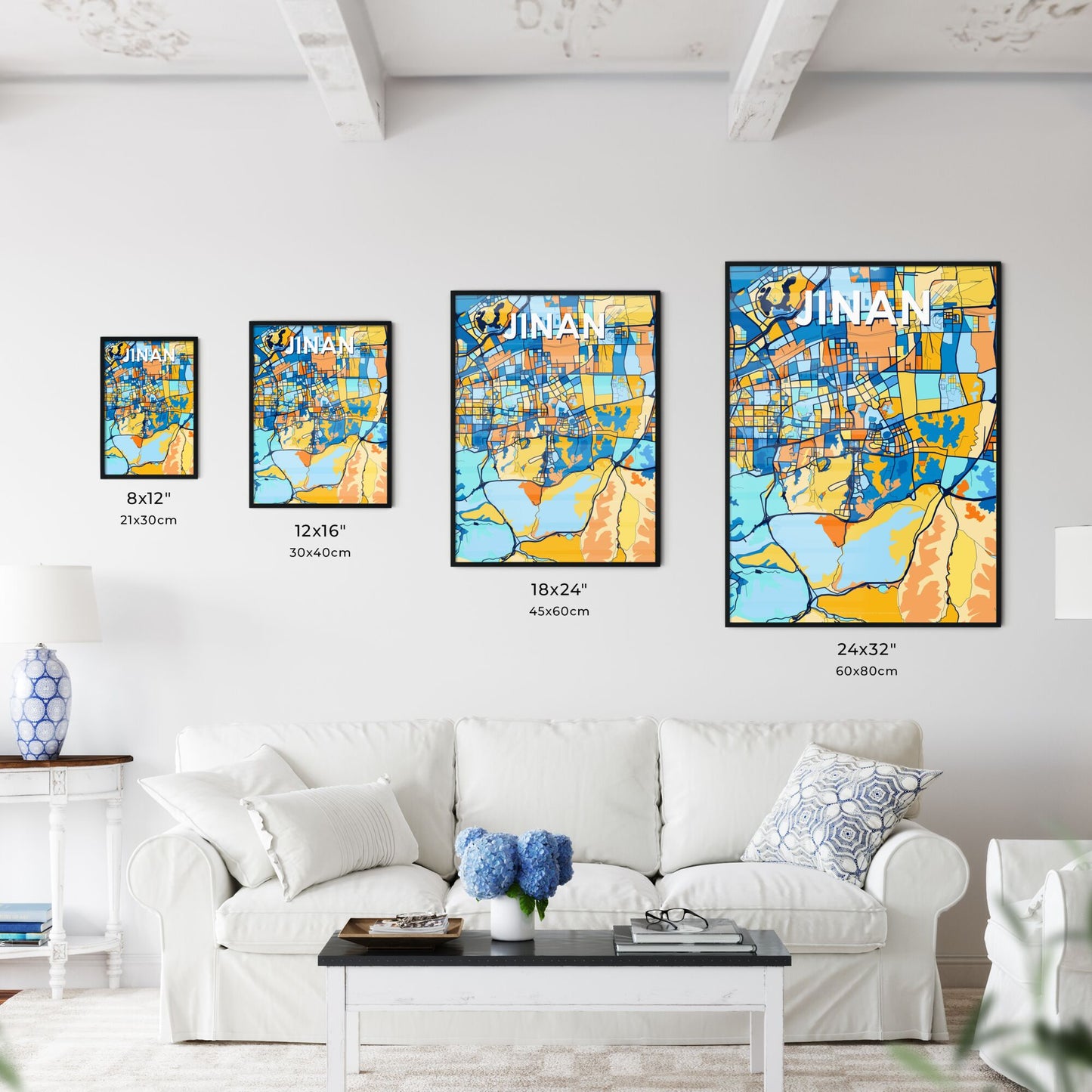 JINAN CHINA Vibrant Colorful Art Map Poster Blue Orange