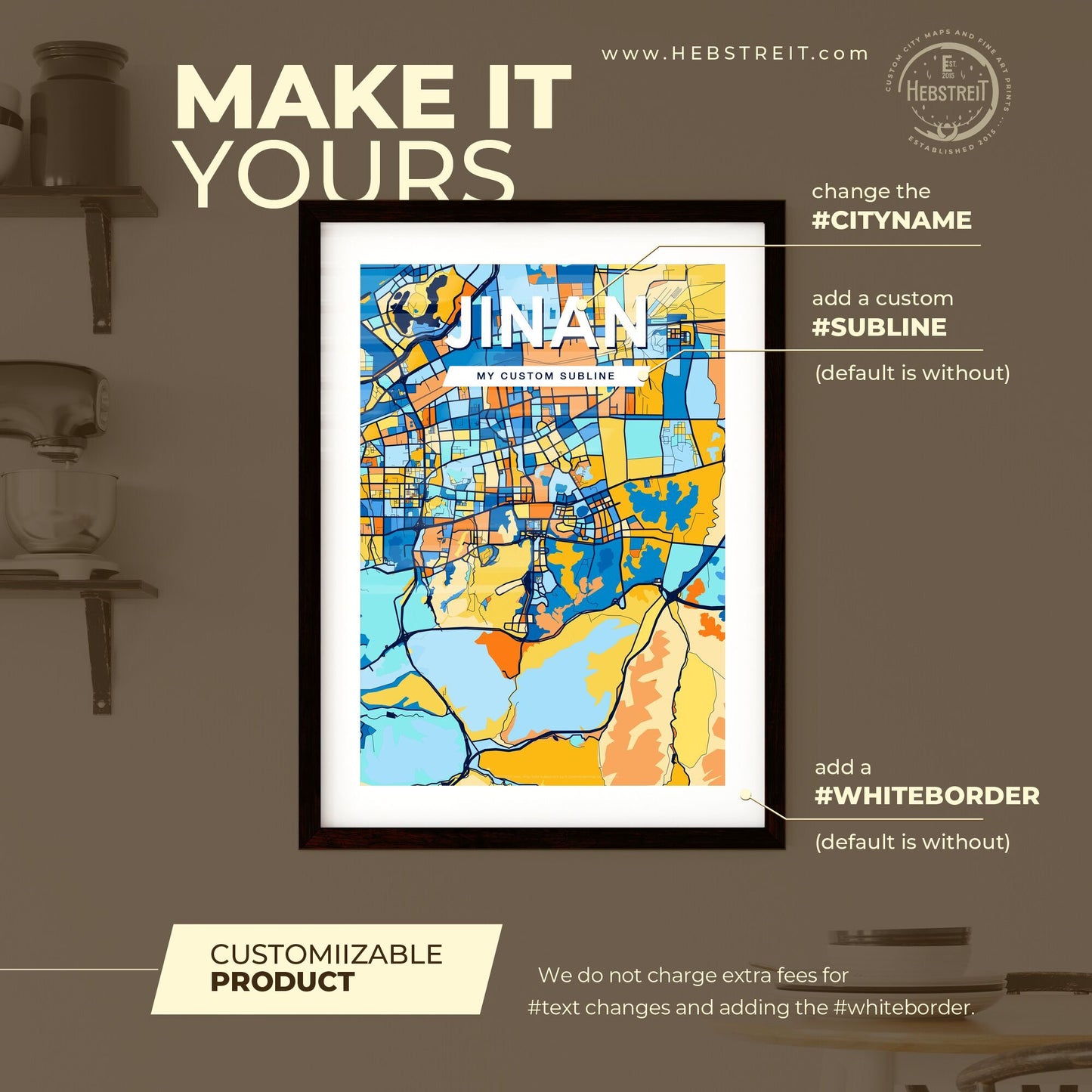 JINAN CHINA Vibrant Colorful Art Map Poster Blue Orange