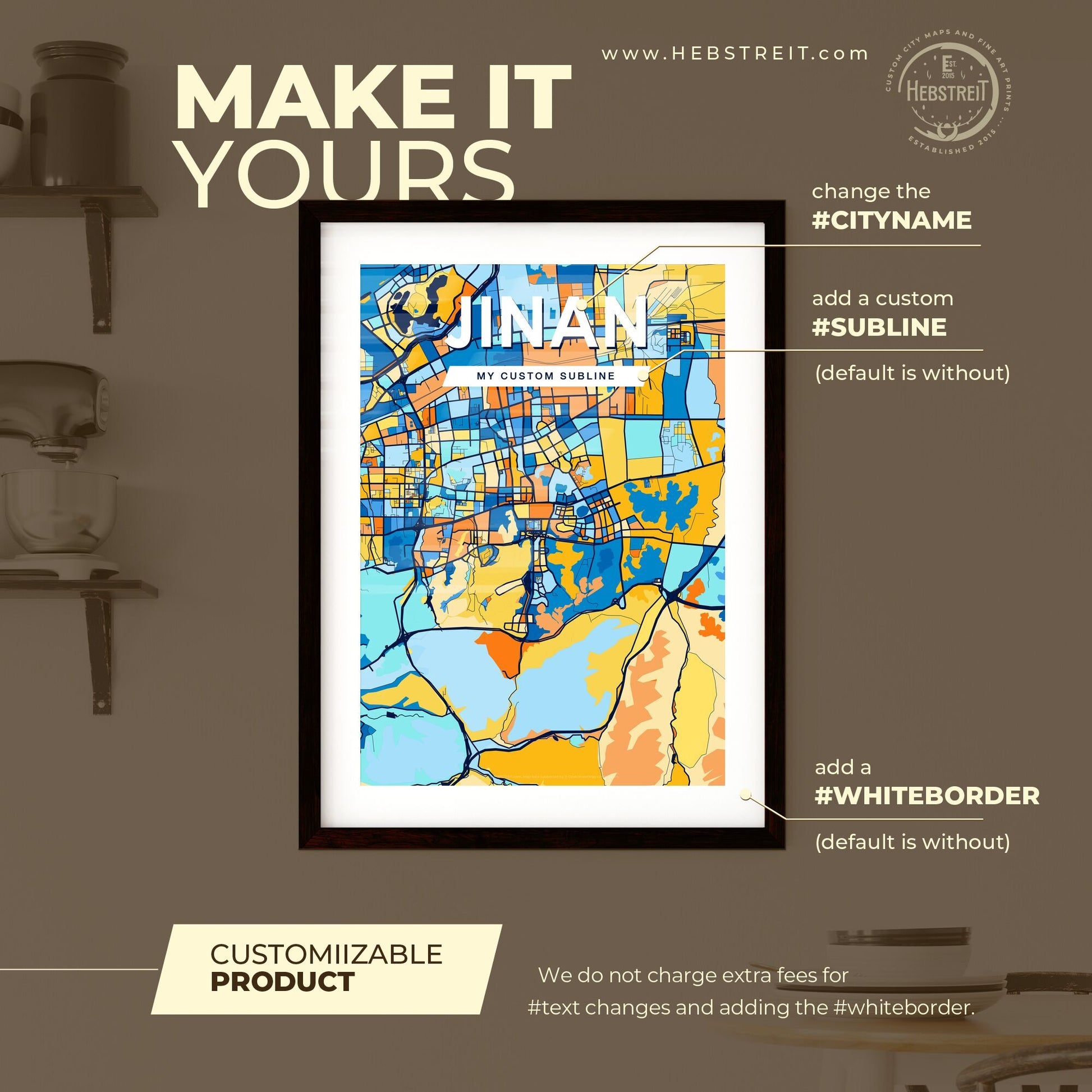 JINAN CHINA Vibrant Colorful Art Map Poster Blue Orange