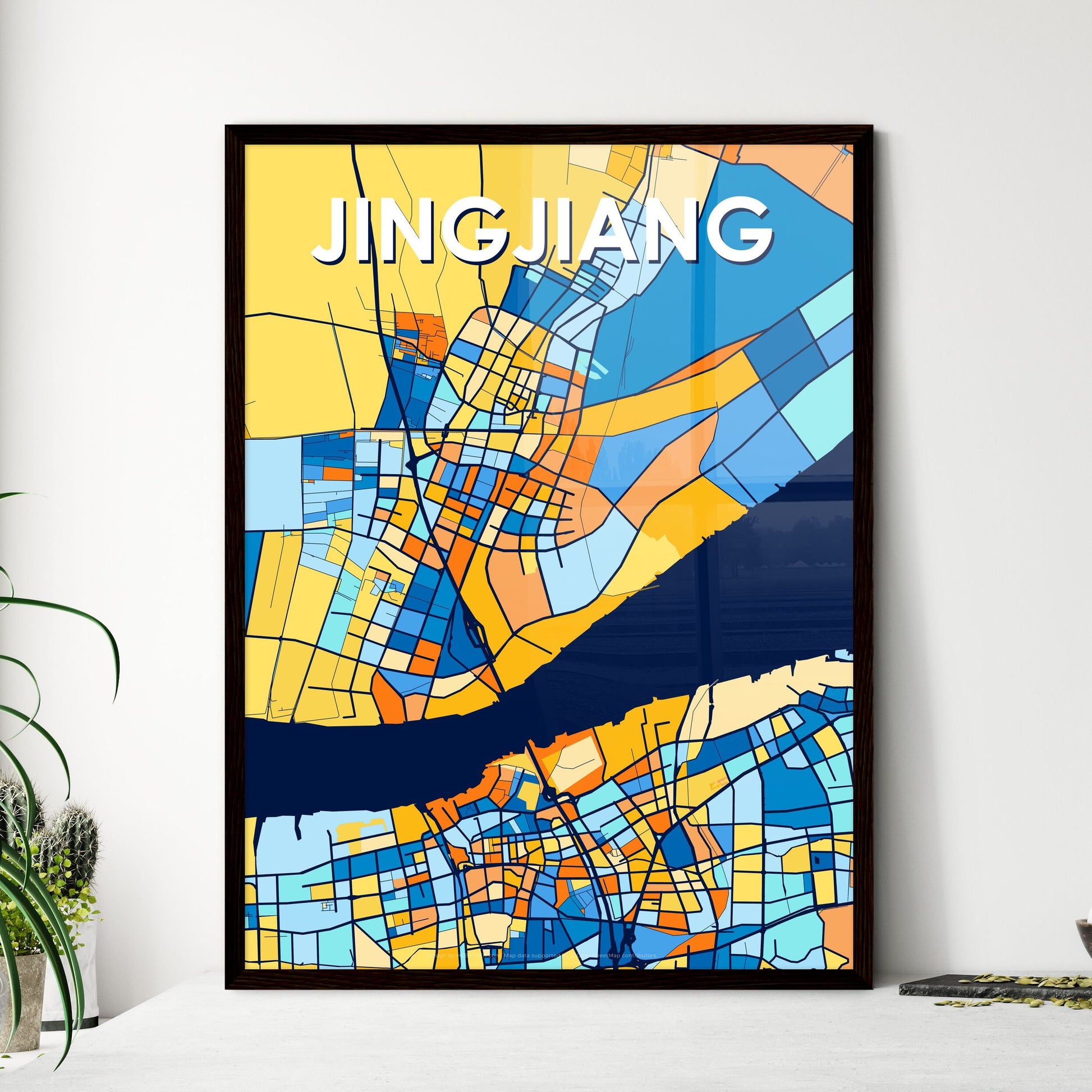 JINGJIANG CHINA Vibrant Colorful Art Map Poster Blue Orange