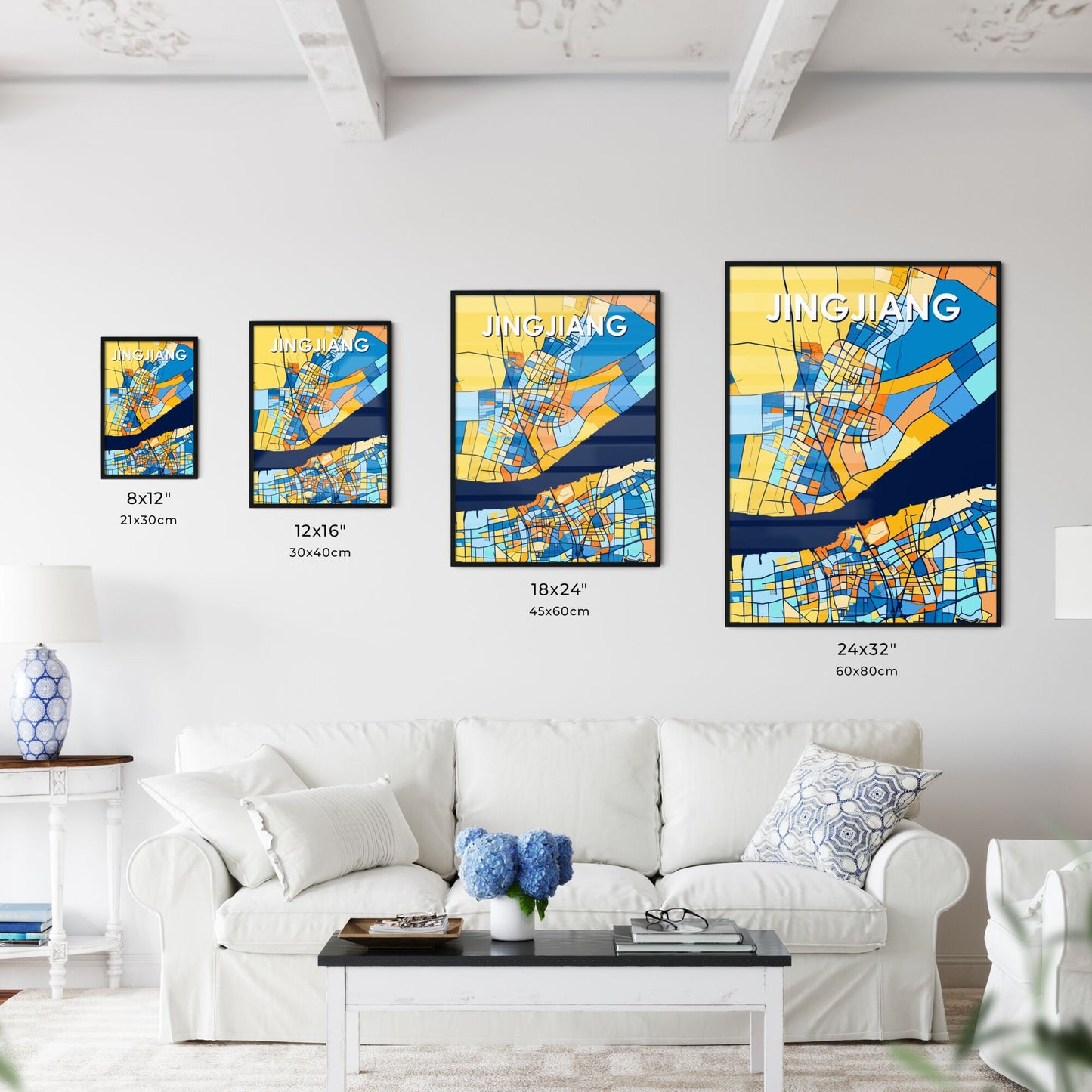 JINGJIANG CHINA Vibrant Colorful Art Map Poster Blue Orange