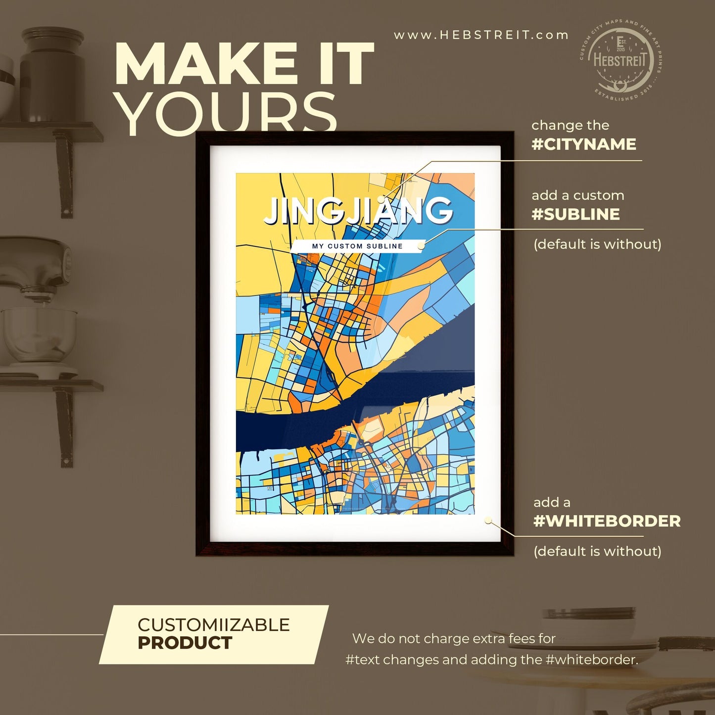 JINGJIANG CHINA Vibrant Colorful Art Map Poster Blue Orange