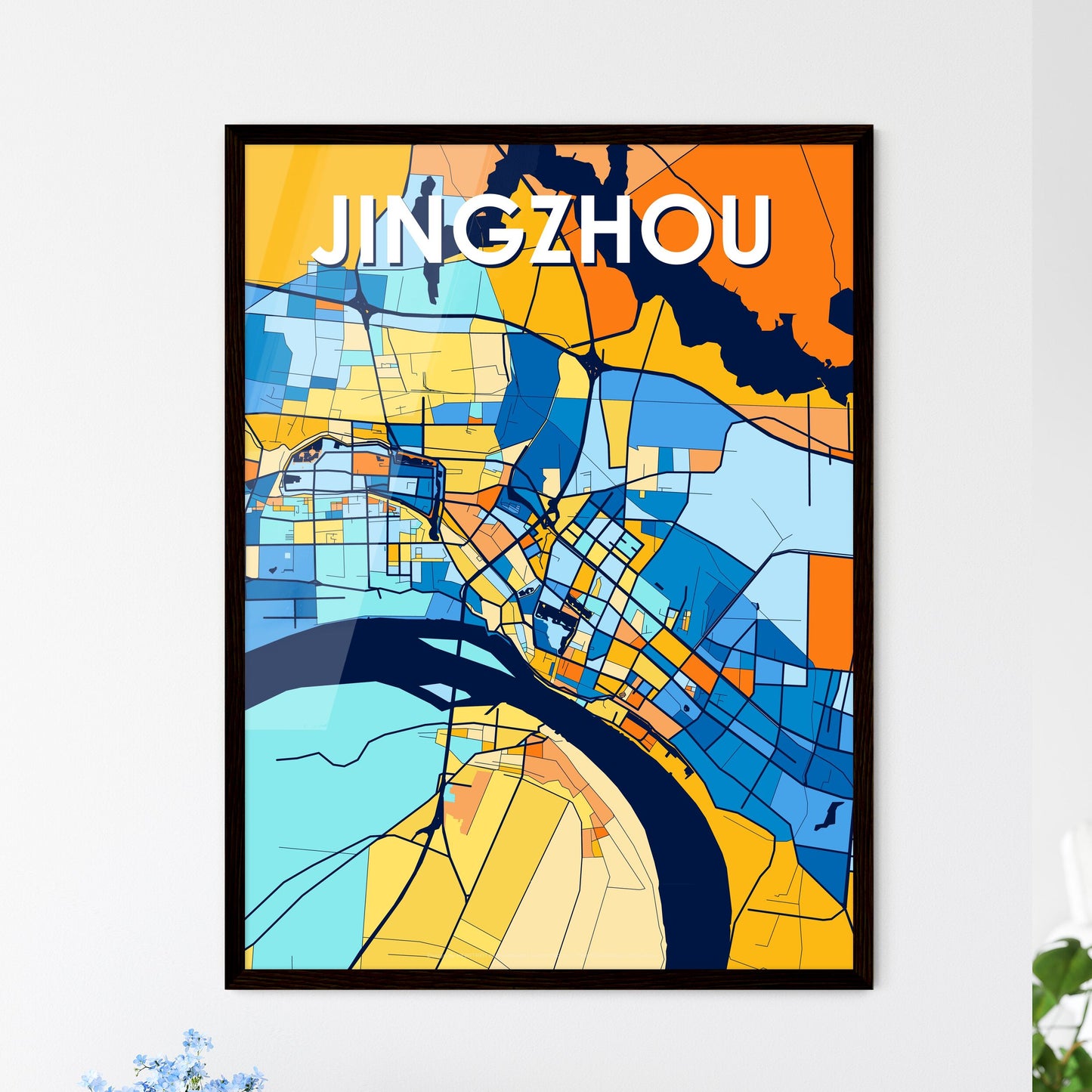 JINGZHOU CHINA Vibrant Colorful Art Map Poster Blue Orange