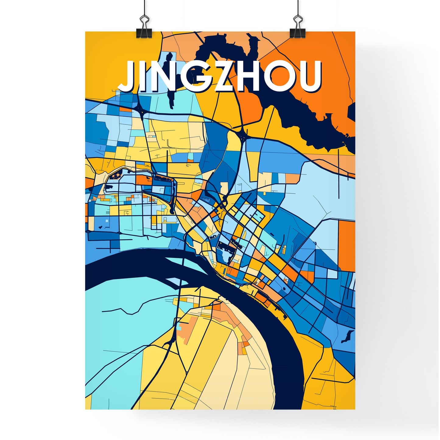 JINGZHOU CHINA Vibrant Colorful Art Map Poster Blue Orange