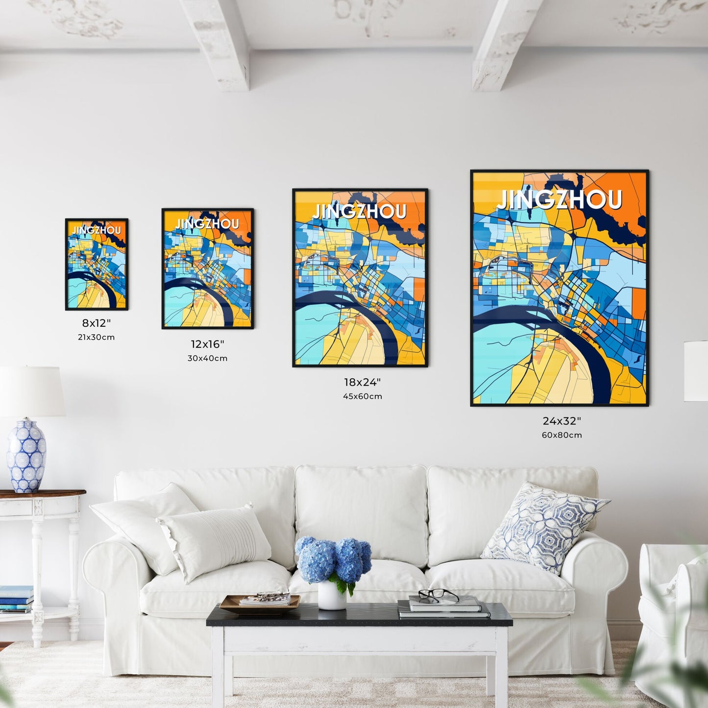 JINGZHOU CHINA Vibrant Colorful Art Map Poster Blue Orange