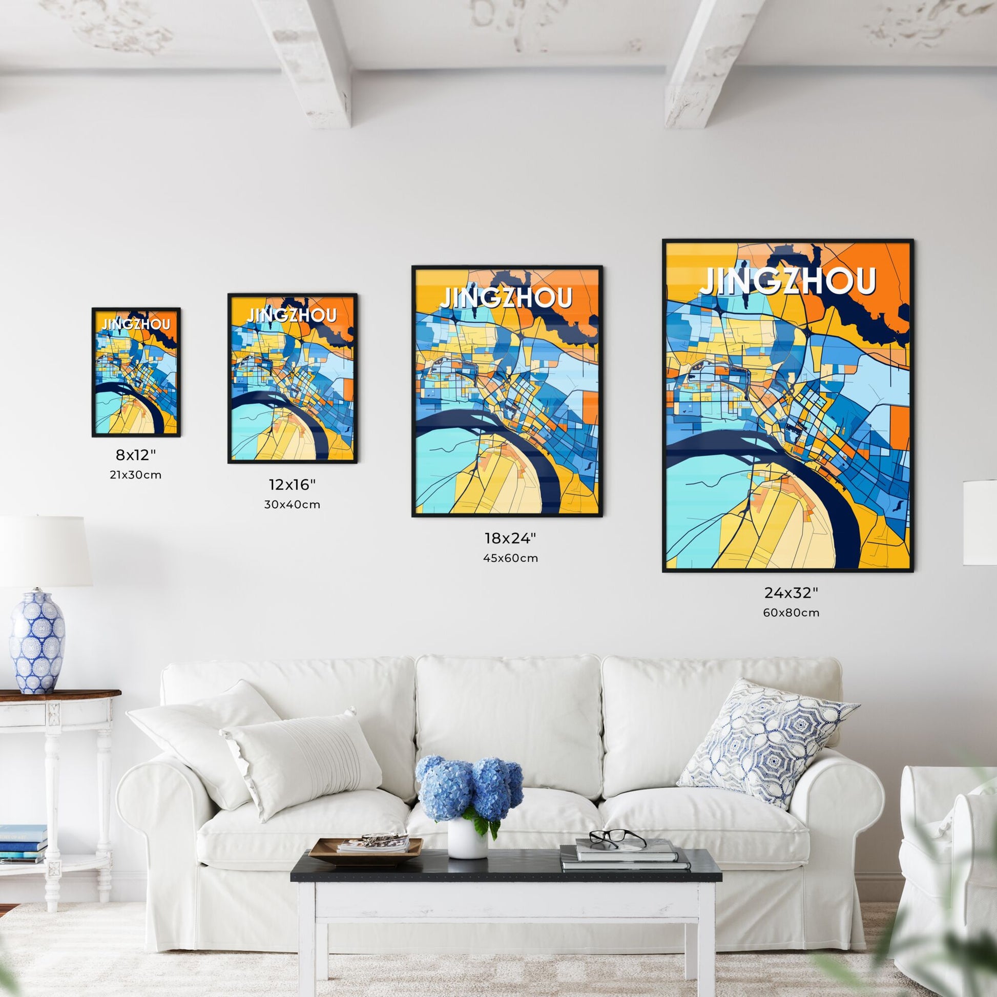 JINGZHOU CHINA Vibrant Colorful Art Map Poster Blue Orange